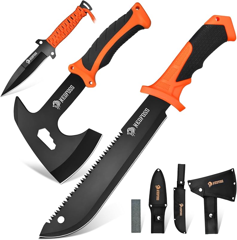 Machete de 15 pulgadas, hachas de camping de 10 pulgadas, juego de cuchillos y machetes | con mango de reducción de impactos, machete de supervivencia para trabajos de jardinería, corte de árboles, regalos de limpieza de jardín Bushcraft de alta resistencia