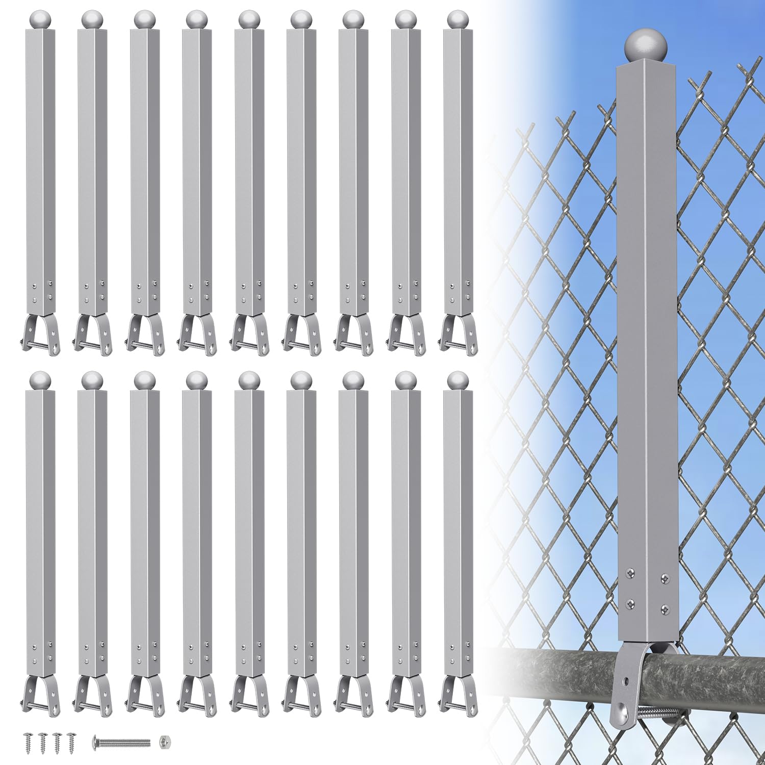 18 Pack 1-3/8'' Chain Link Fence Extension, 17'' Fence Extension Height, Galvanized Post Extender for Dogs and Privacy (Silver)