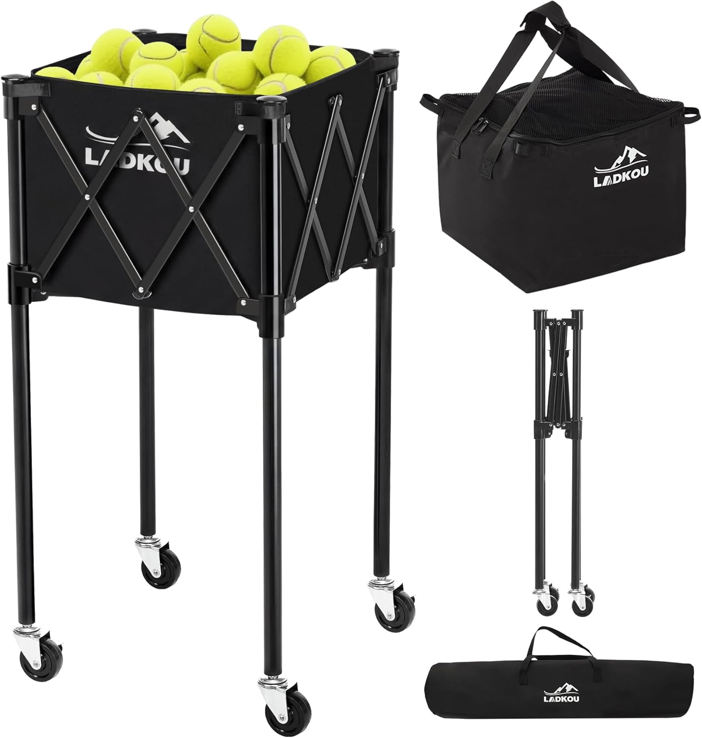 Extra Large Tennis Ball Hopper, Holds 200 Balls, Foldable Tennis Ball Basket with Wheels & Removable Bag, Lightweight Pickleball Caddy Cart for Baseball/Softball, for Training/Teaching