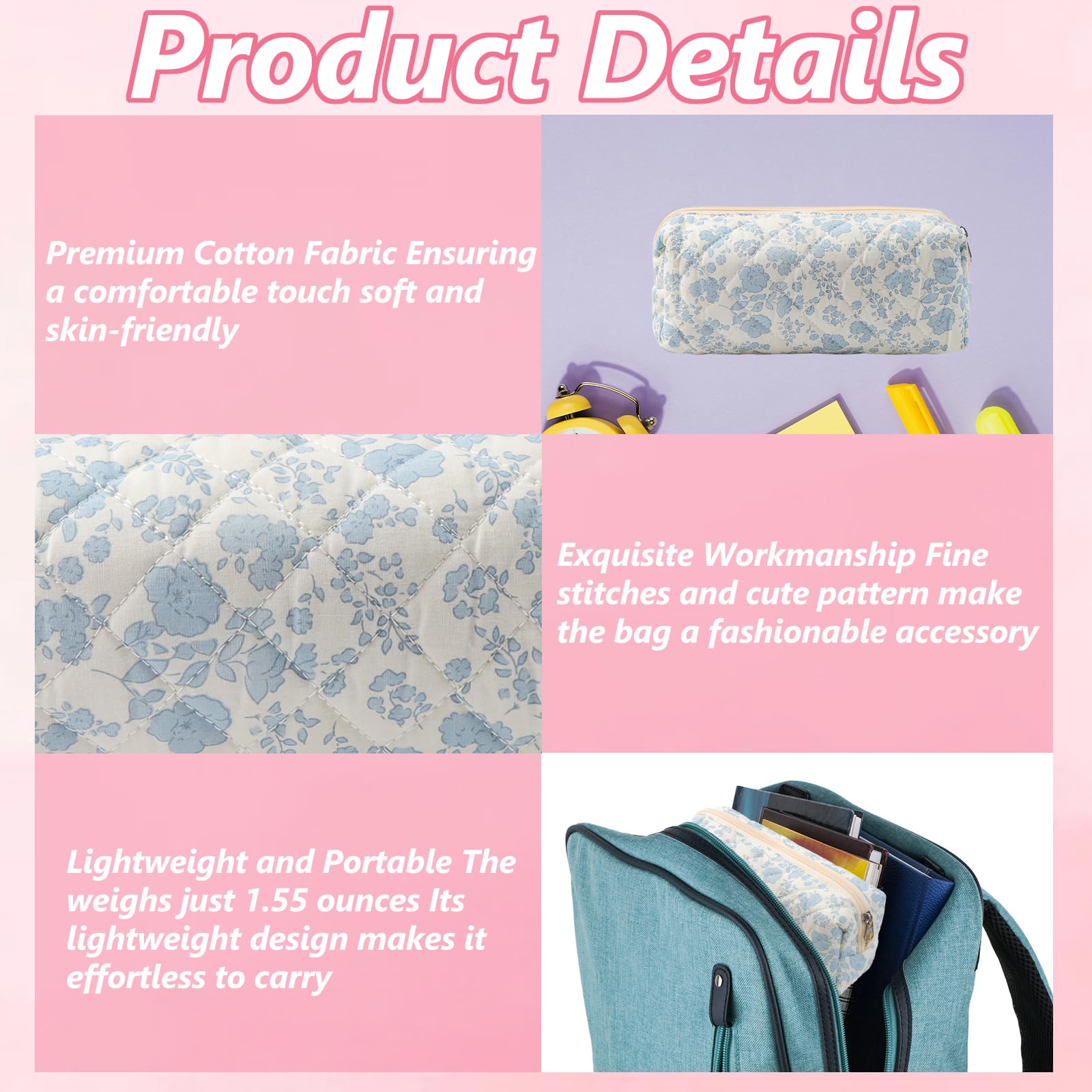 loghohu Floral Style Pencil Bag Floral Pencil Pouch Women Cute Pencil Bag Small Pencil Pouch Flowers Toiletry Organizer Cosmetic Bag Pen Pencil Cases Organizer for College Travel - Image 3