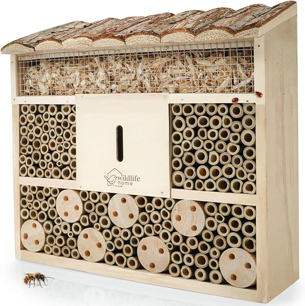 WILDLIFE HOME Bienenhotel Insektenhotel mit Rindendach I Unbehandelt, Bienenhaus aus Massiv-Holz für Bienen, Marienkäfer & Florfliegen, Insektenhaus I Nisthilfe Insektenhotel zum Aufhängen - 1