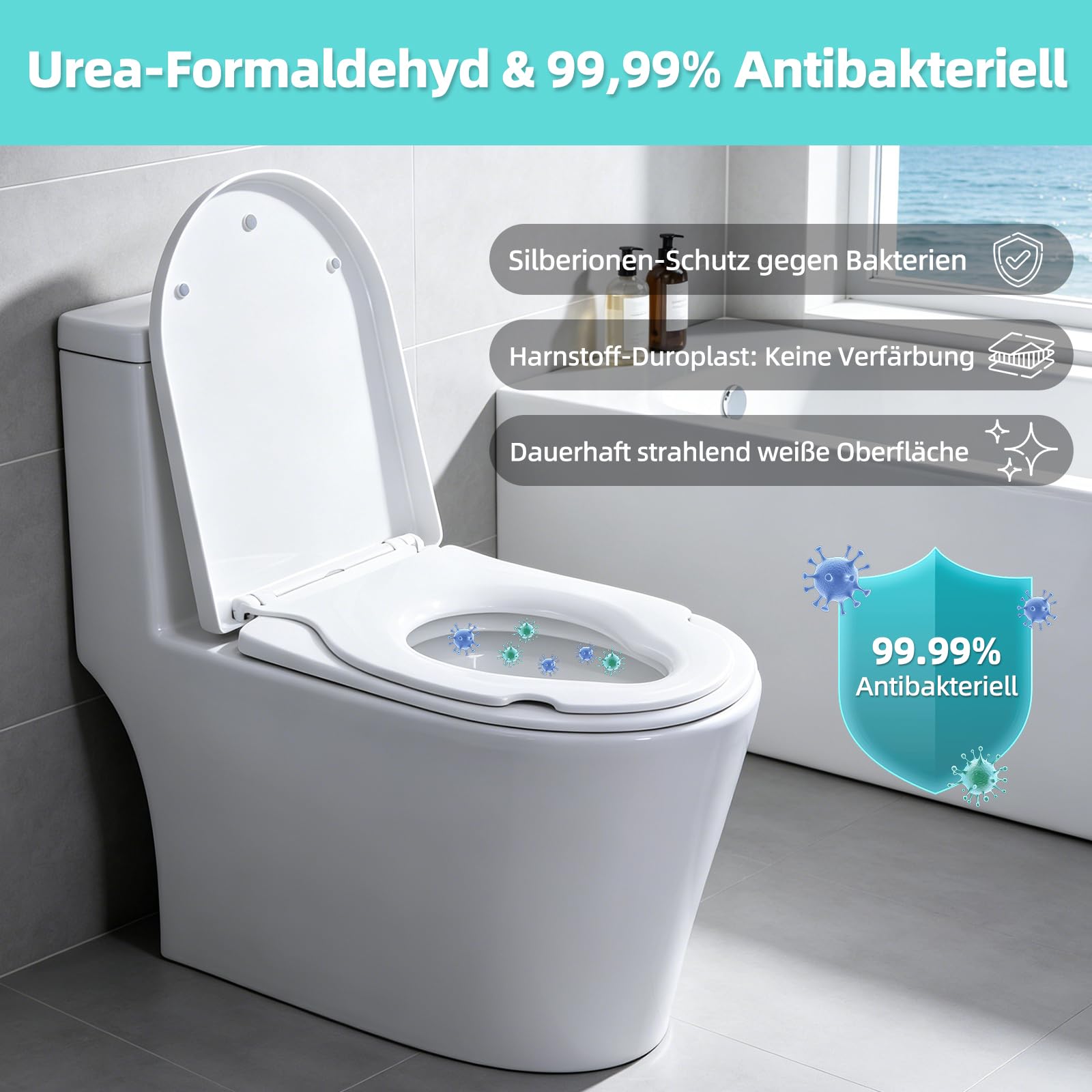 Tavoletta copriwater con abbassamento automatico, in Duroplast infrangibile, antibatterico e resistente ai raggi UV, forma a D, con sedile per bambini fino a 200 kg, colore: bianco