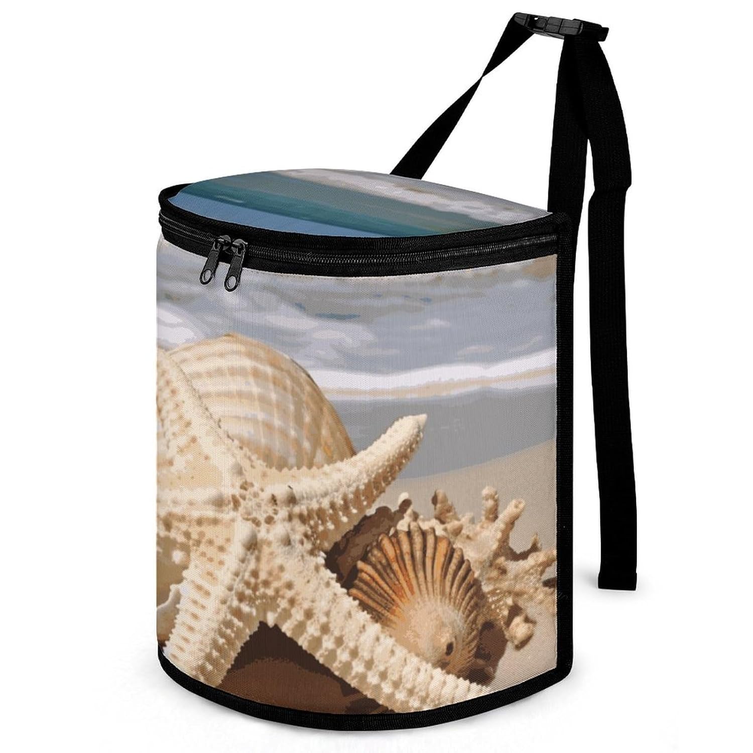 Car Trash Can Car Organizer Large Seashell Starfish Printed Car Garbage Can with Lid Portable Car Bin for Cars and RVs