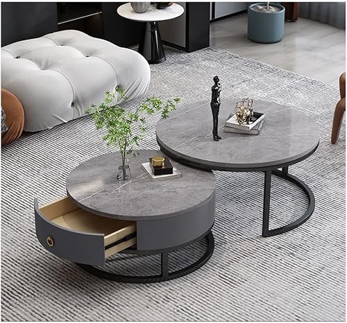 Miniatura 5 de Modern Nesting Coffee Table Set of 2 Round Accent Stacking Side Tables End Tables Sintered Stone Top with Sturdy Metal Frame for Living Room Balcony