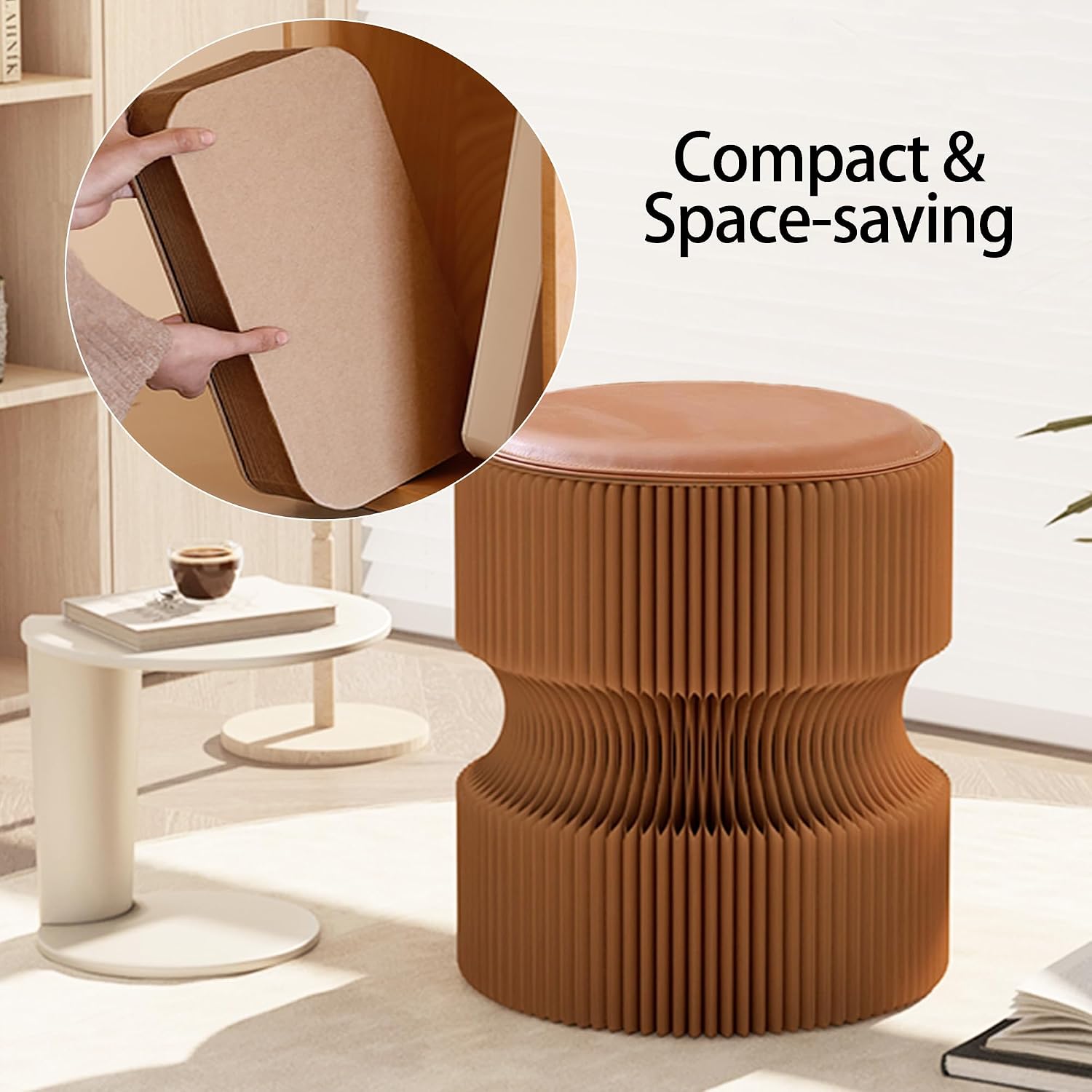 Accordion Folding Stool - 15" High Modern Brown Kraft Paper Seating, Portable Honeycomb Fold Up Ottoman, Collapsible Under Desk Footrest for Living Room, Entryway, Office & Small Spaces (1, Brown)