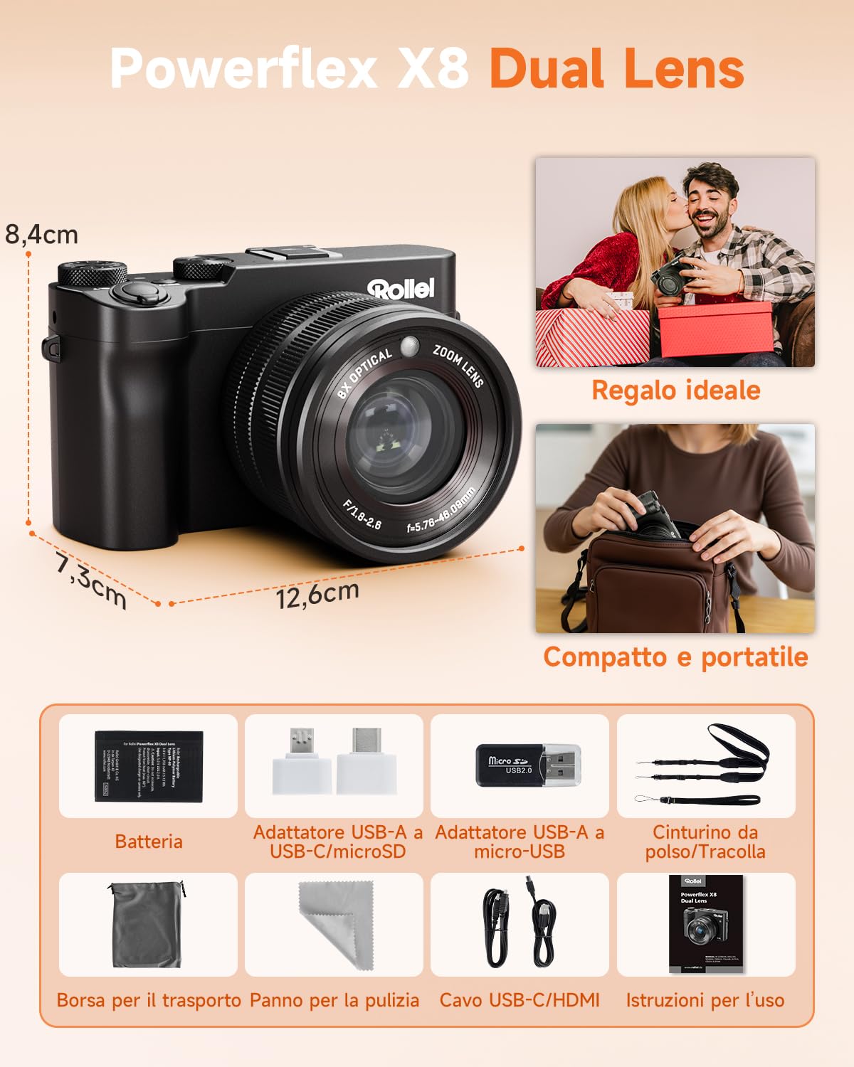 Fotocamera Digitale 5K 64MP Rollei, Powerflex X8 Dual Lens Macchina Fotografica con Zoom 8X e Touchscreen da 3.6" Digital Camera Compatta Dual Obiettivo Nero, Fotocamera-Digitale-Macchina-Fotografica