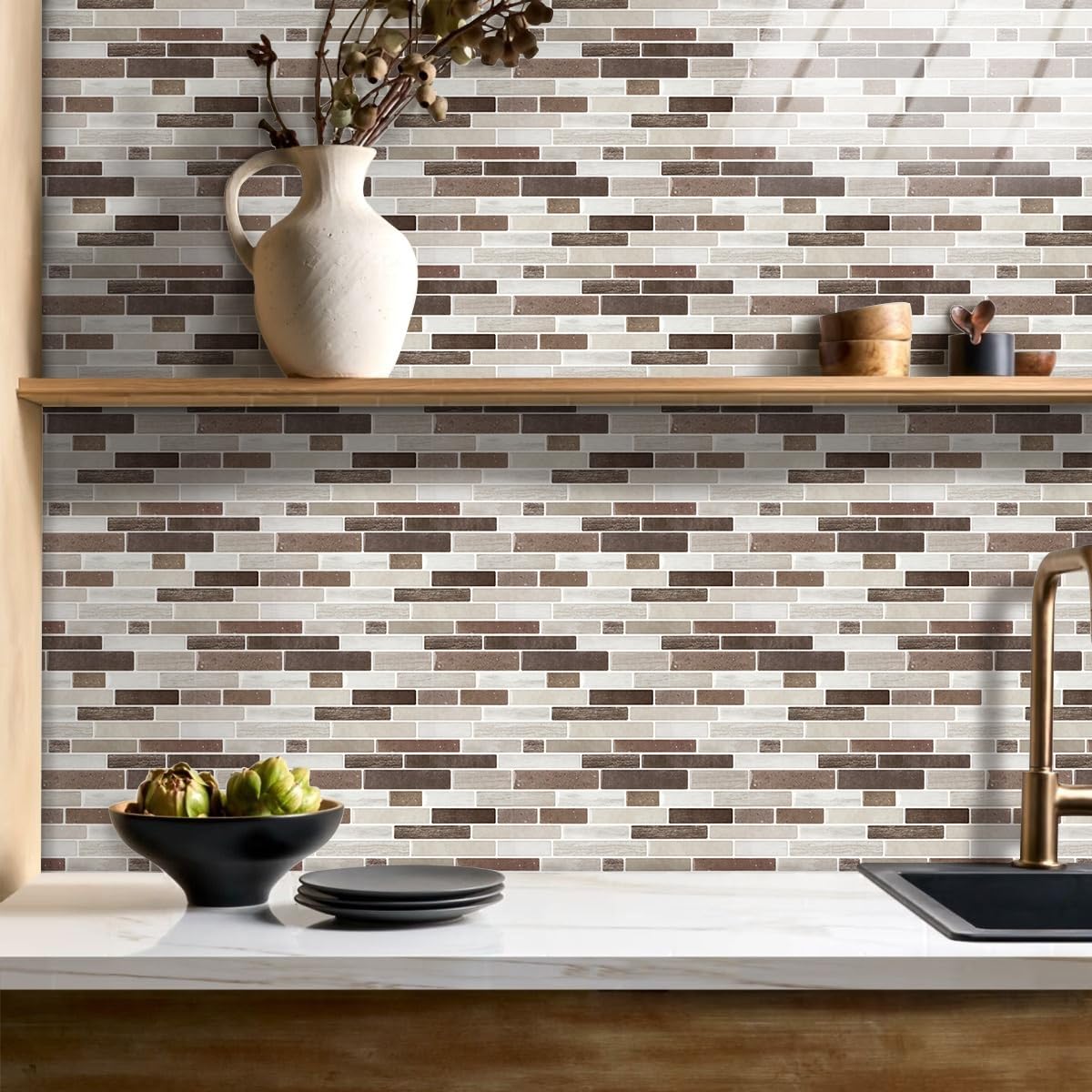 Commomy 12 Piezas Azulejos Adhesivos Cocina Baño, 15 x 30 cm, Pegatinas de Baldosas Adhesivas Pared Autoadhesivos, Mármol Marrón, Impermeables, para Salpicaderos Decoración de Interiores
