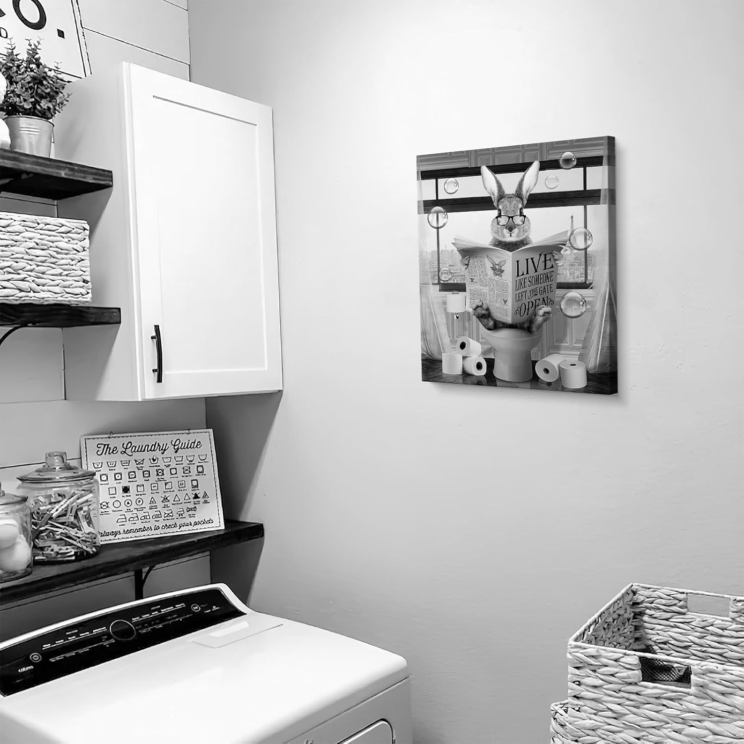 Luslya Funny Rabbit Bathroom Decor Wall Art Cute Rabbit Sitting in Toilet Reading Newspaper Painting Black and White Bathroom Wall Decor Framed Poster for Bathroom Toilet Decoration 12x16 inch