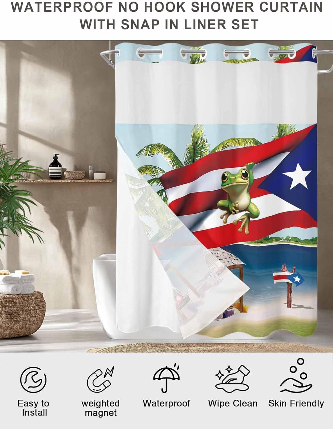 No Hooks Shower Curtain and Snap-in Liner Sets 36"x72",Puerto Rico Flag Frog Coconut Trees Waterproof Bath Curtain Double Layers Shower Curtains for Bathroom Hotel,Ocean Beach