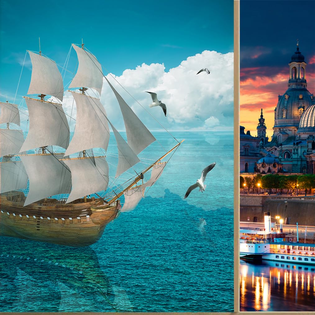 Coalho Nautical Theme Pirate Ship Privacy Blackout Window Film Retro Mid Century Ocean Sailboat Cloudy Sky Seagulls Reusable Self Adhesive Insulated Window Stickers-60W X120l Cm X1pcs