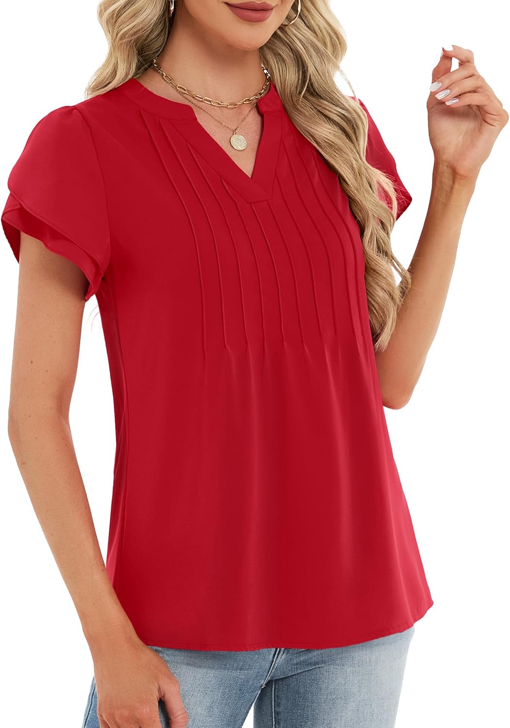 Funlingo Womens Tops Short Petal Sleeve V Neck Blouses Fashion 2026 Spring Dressy Casual Pintuck Work Shirt - Image 4