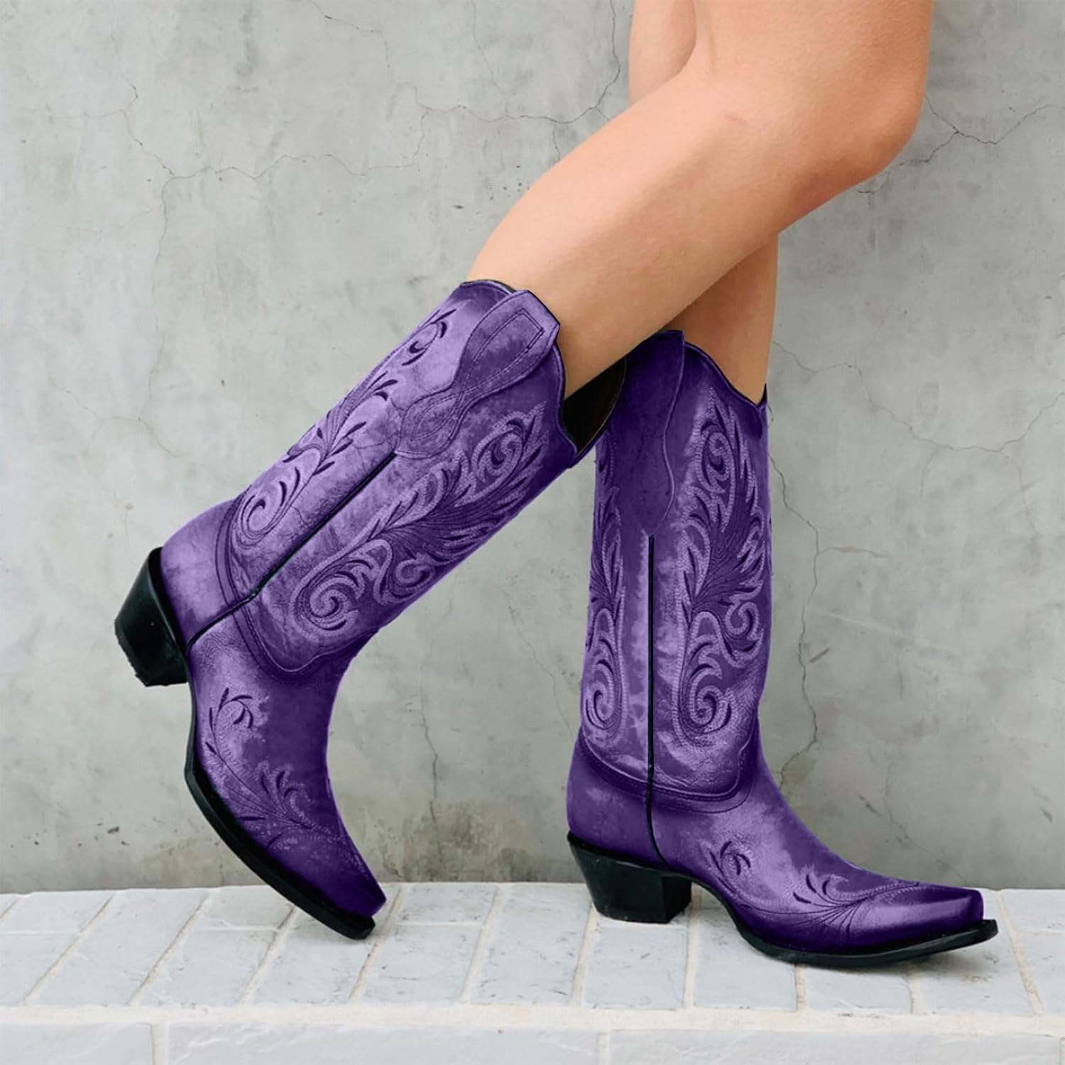 Women's Vintage Embroidered Block Heel Western Cowgirl Mid Calf Boots Fashion Square Toe Pull On V Cut Fall Winter Low Heel Cowgirl Wide Calf Boots for Women