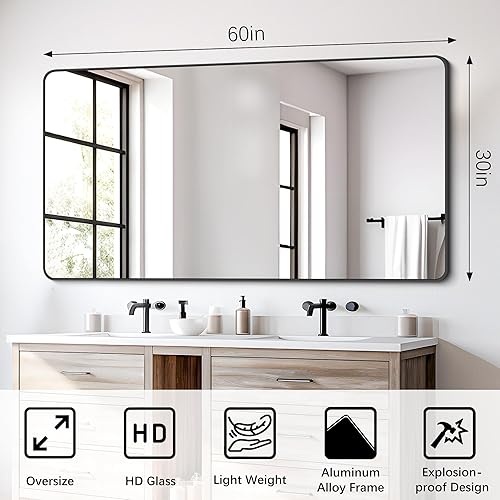 Miniatura 8 de FORBATH Espejo de baño de 30 x 60 pulgadas, espejo de pared rectangular grande, marco de metal negro, espejo de pared de esquina redondeada para