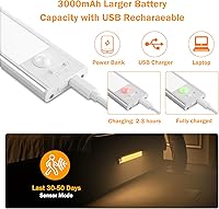 Vista 6 de Luz de gabinete con sensor de movimiento, paquete de 2 luces LED inalámbricas recargables por USB para debajo del gabinete, armario, armario