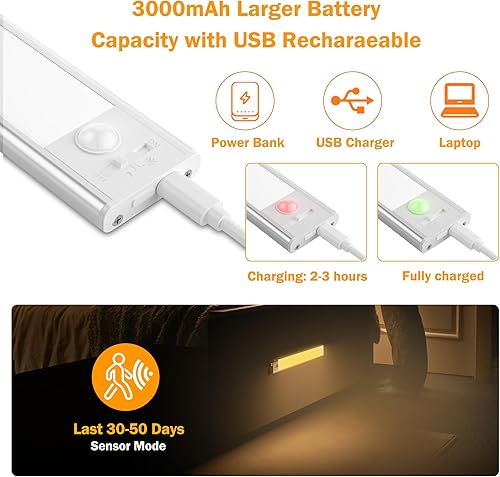 Miniatura 6 de Luz de gabinete con sensor de movimiento, paquete de 2 luces LED inalámbricas recargables por USB para debajo del gabinete, armario, armario