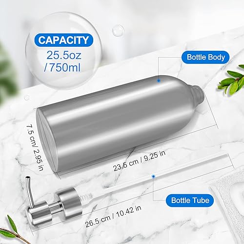 Miniatura 3 de Dispensador grande de jabón para platos, botella de jabón de acero inoxidable cepillado de 25.5 onzas con bomba antioxidante a prueba de fugas,
