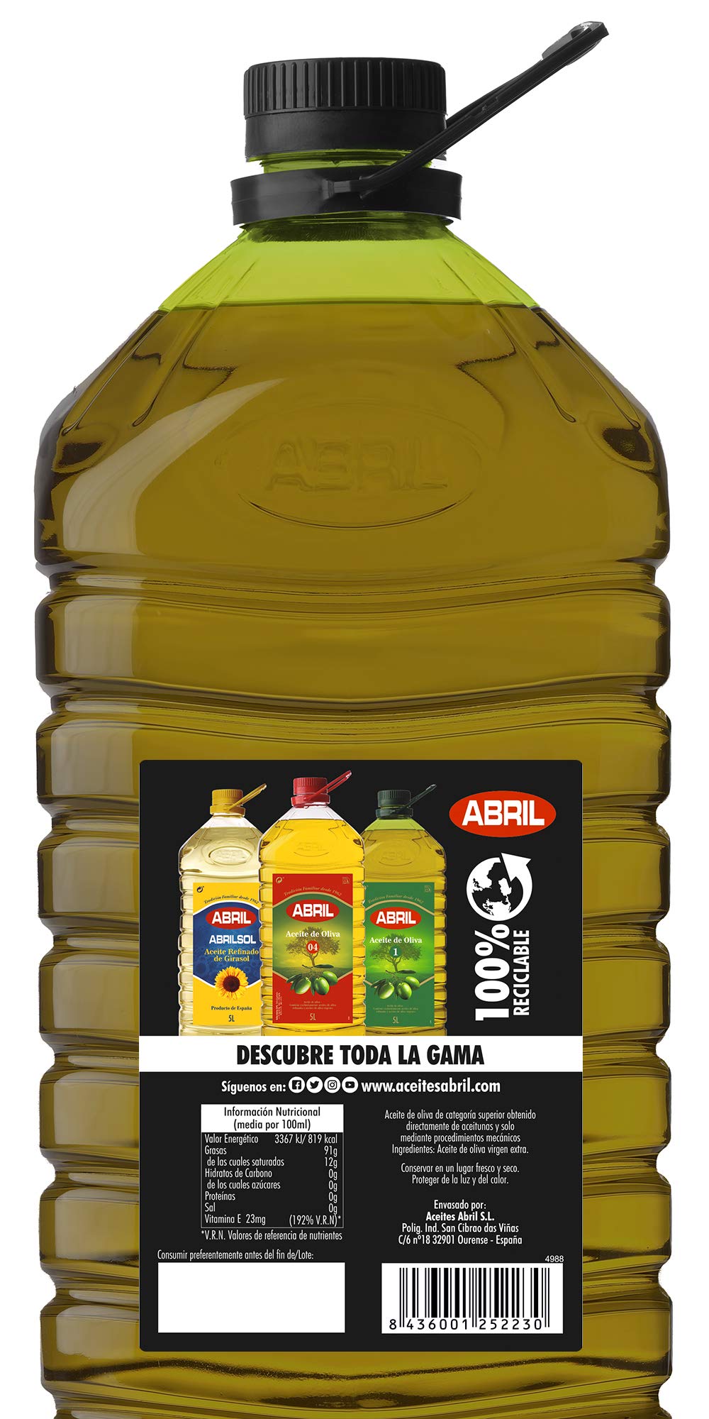 ABRIL - Aceite de Oliva Virgen Extra, Variedades Hojiblanca, Arbequina y Picual (Pet 5 Litros - Caja de 3 garrafas)