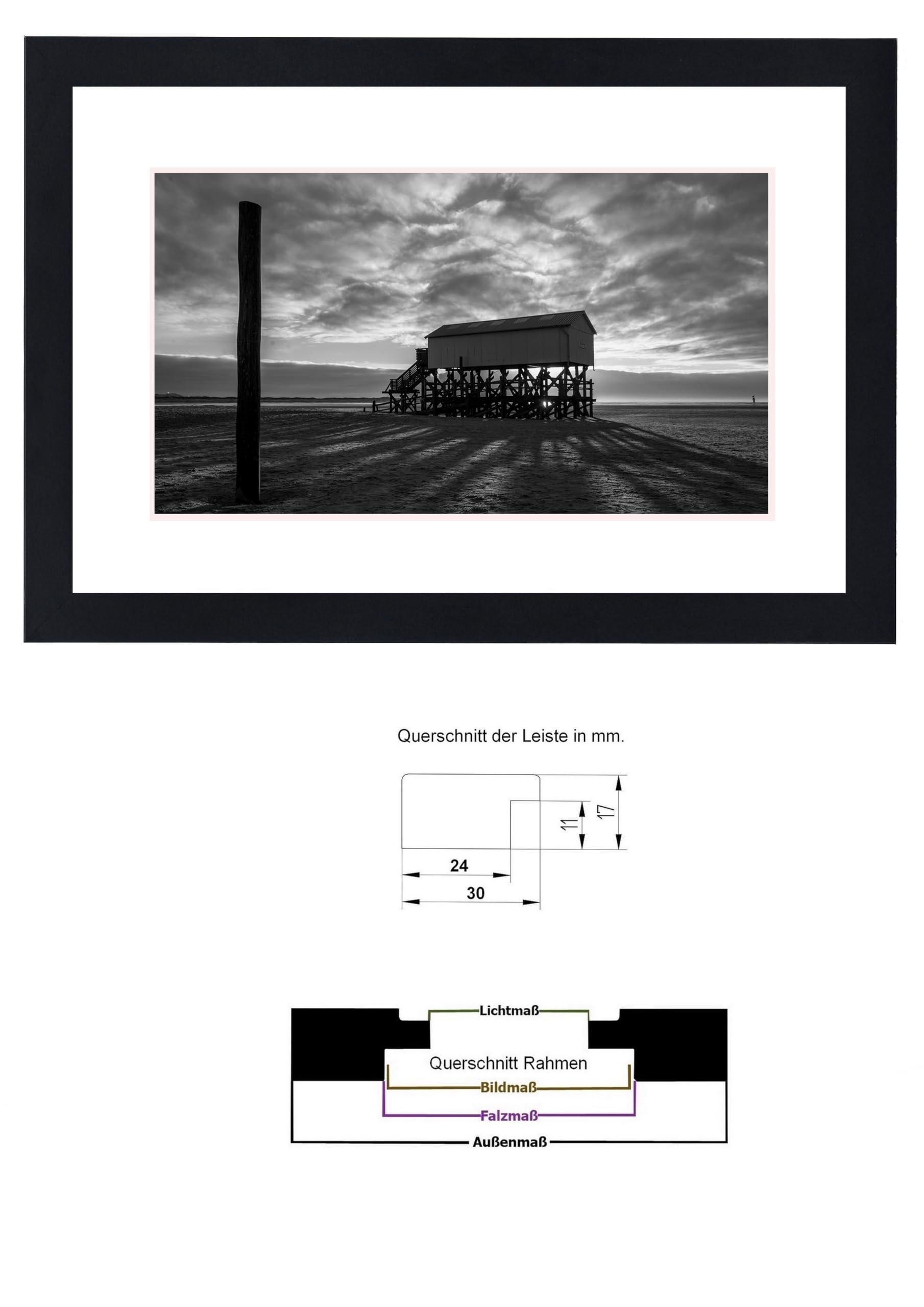 Bilderrahmen mit Passepartout 70x100 cm (Bild 50x70) | Farbe: Schwarz | 30 mm starke Rahmenleiste