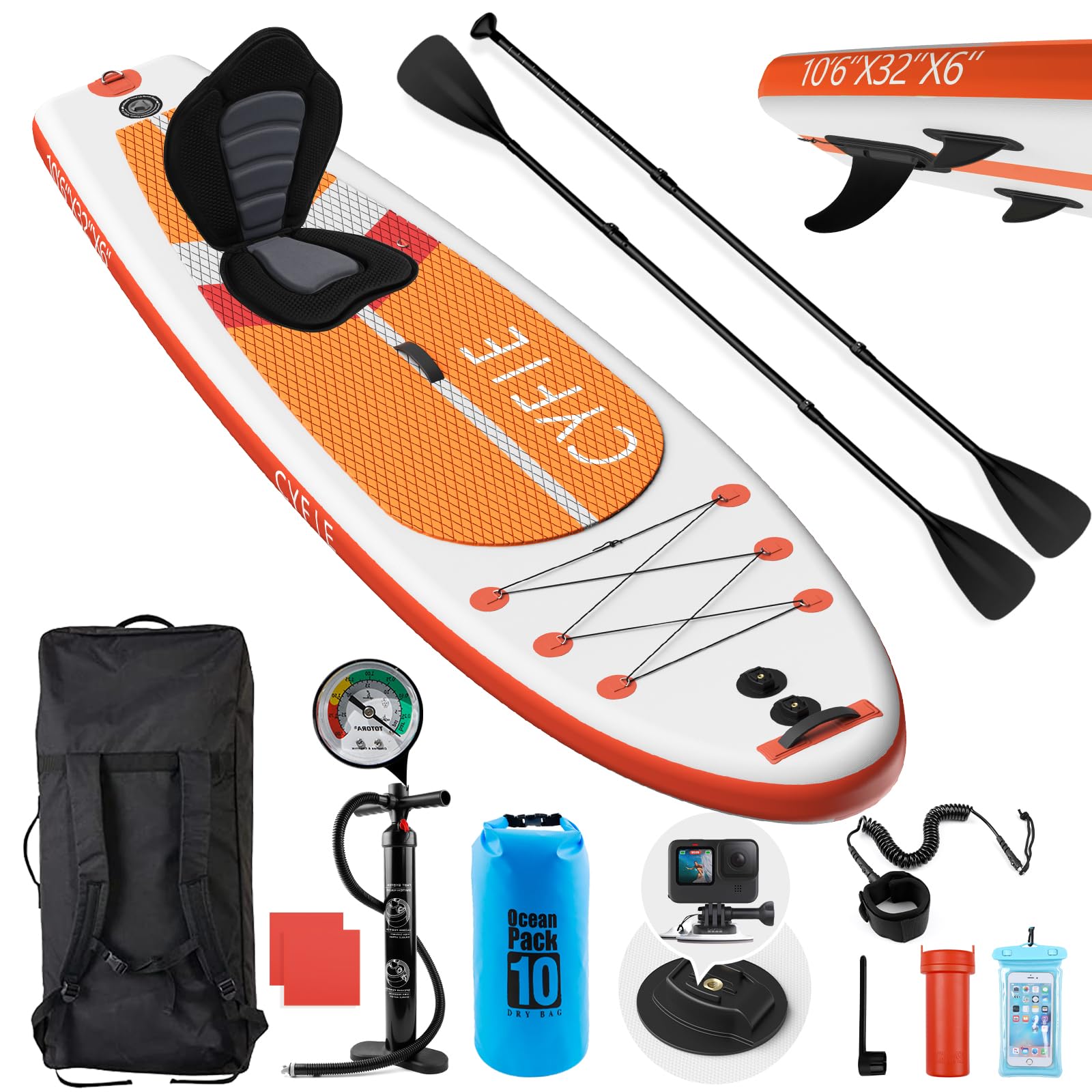 CYFIE Tabla de surf de remo de pie, accesorios completos, tabla de SUP inflable con asiento de kayak y remo de doble uso, tabla de paddle surf para adultos, remo de pie de 320 cm, capacidad de carga