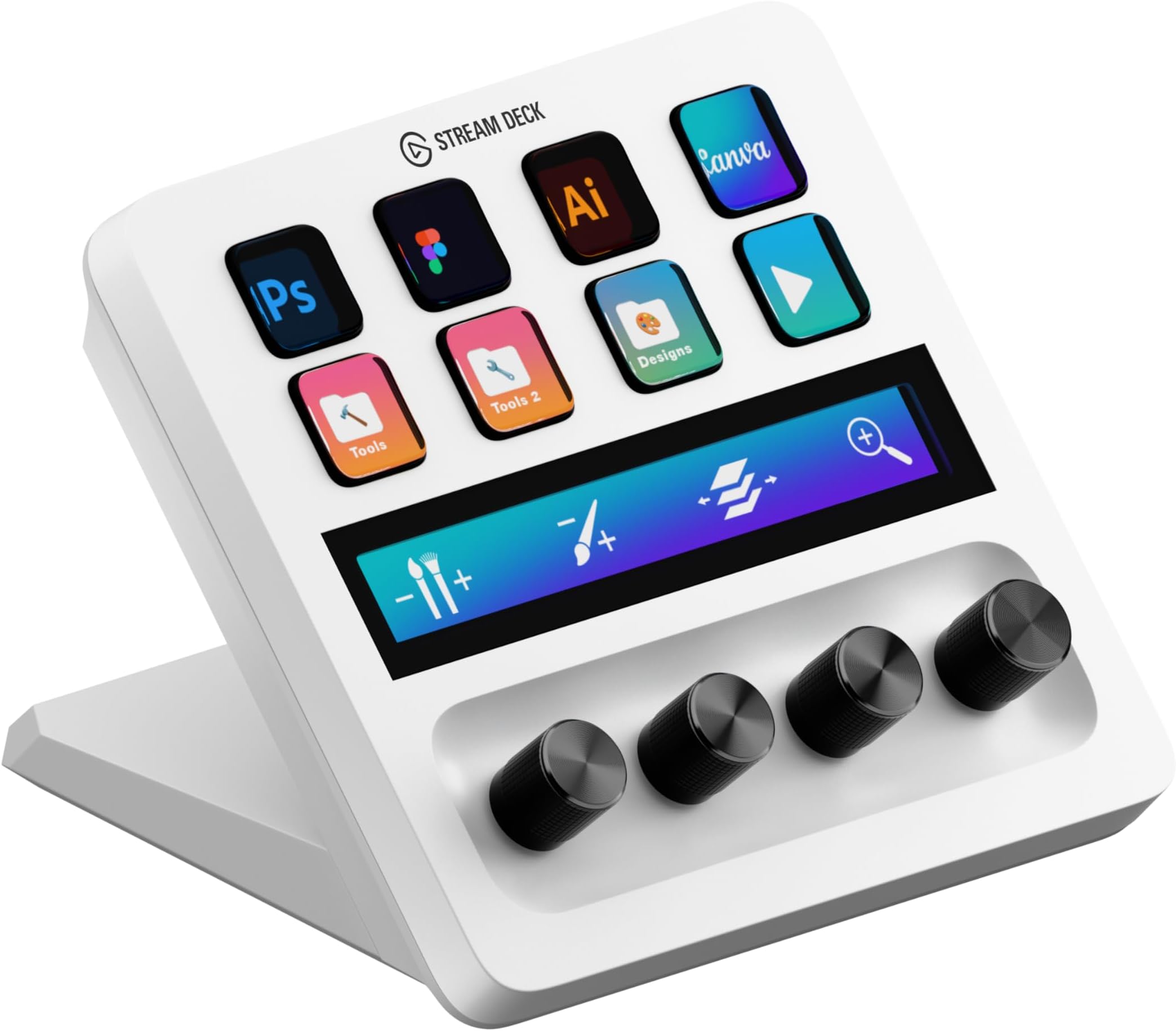 Stream Deck + White - Studio Controller with LCD Keys, Dials, and Touch Strip for Post Production in Adobe Premiere Pro, Photoshop, DaVinci Resolve, Final Cut Pro - Workflow Automation