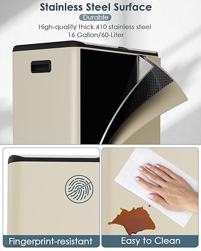 Miniatura 4 de Arlopu Cubo de basura doble de 16 galones con 2 cajas integradas para control de olores, cubo de basura de cocina manos libres, cubo de basura de