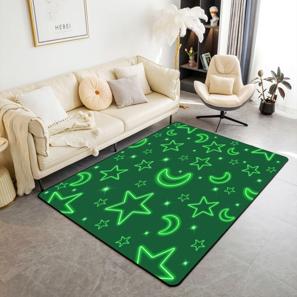 Helles Sternenlicht Drucken Wohnzimmer Teppich 100x150cm Geometrisches Mond- und Sternmuster Schlafzimmerbereich Teppich für Kinder Teens Grüne klassische Retro Sternenhimmel Indoor Matte Heimdekor