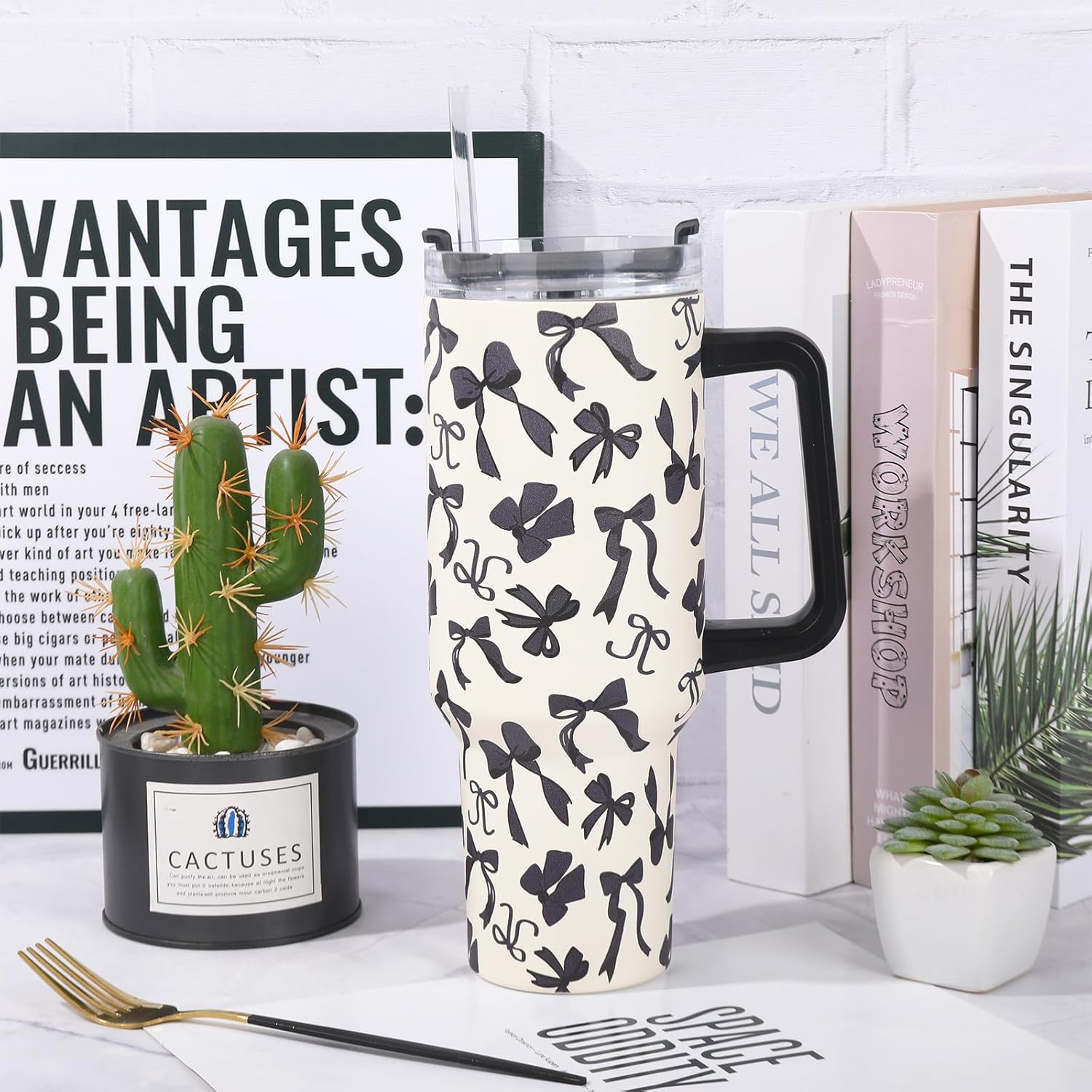 JarThenaAMCS Black Bow Tumbler with Lid and Straw 40oz Ribbon Bow Printed Tumbler with Handle Beige Black Stainless Steel Cup for Gift Home Office Travel - Image 4