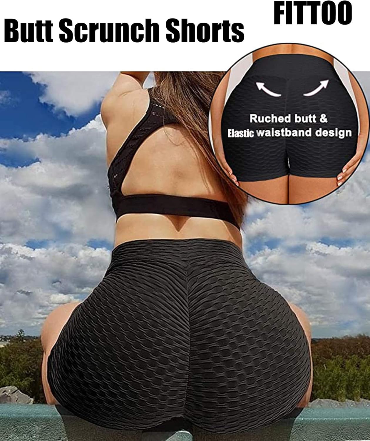 FITTOO Women's Sexy High Waisted Bottom Scrunch Butt Shorts Textured Ruched Yoga Push up Booty Lift Shorts