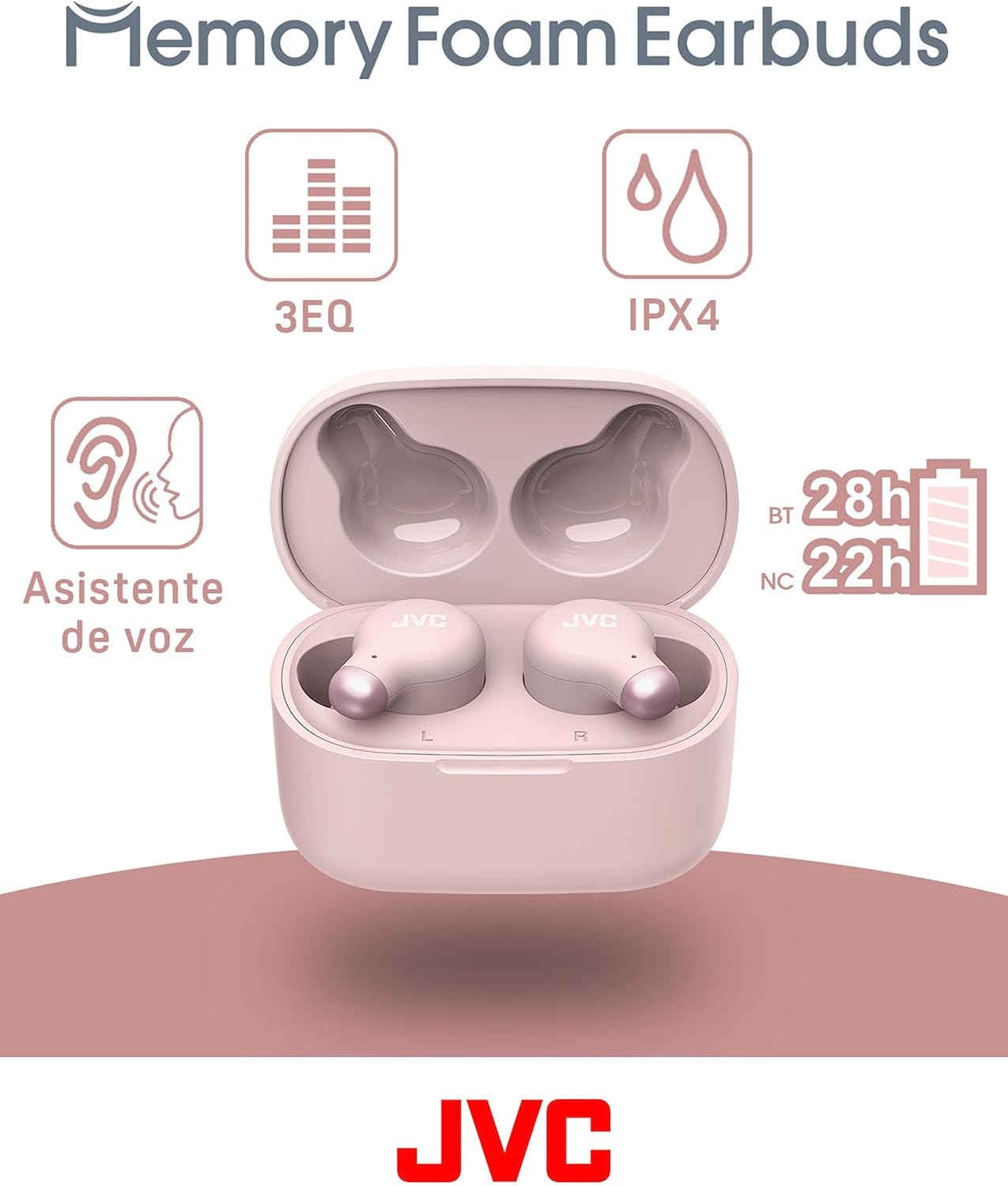 JVC HA-Z250T – Auriculares Inalámbricos con Bluetooth 5.3, 28 Horas de Batería, Certificación IPX4, Solo 5,1g de Peso, Cancelación de Ruido, 3 Pares de Almohadillas de Silicona y 2 de Espuma, Rosa 9