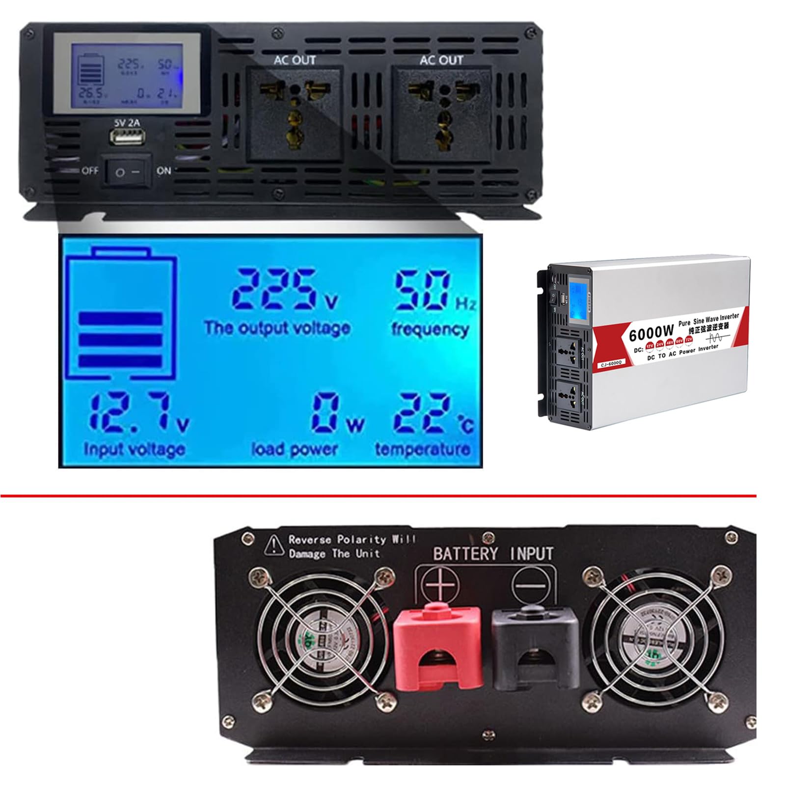 Inversor de Potencia de Onda Sinusoidal Pura de Alta Eficiencia 4000W-8000W Convertidor de CC 12V/24V/48V/60V/72V a CA 110V 220V Inversor de Energía Solar para el Hogar,6000w,12V to 220V