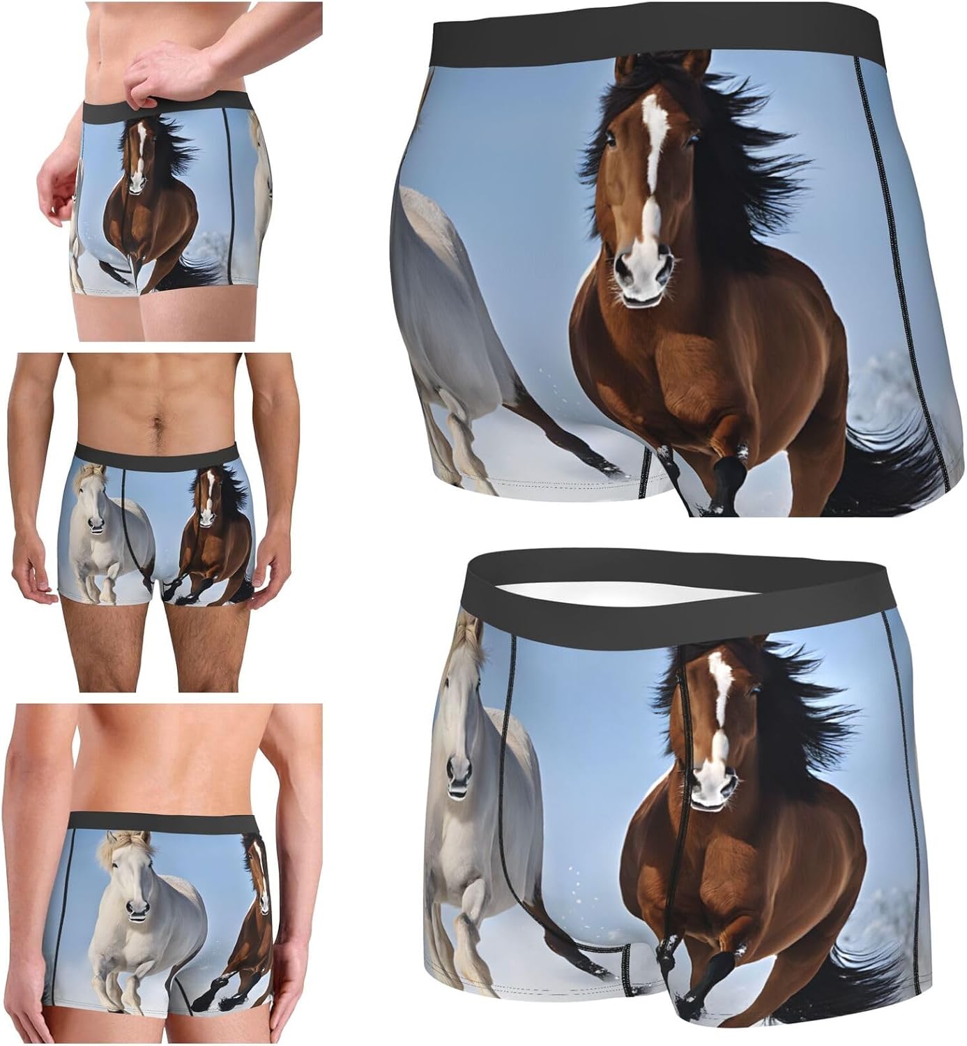 Black and White Horses Running Men's Printed Boxer Briefs Stretch Underwear Breathable Trunks