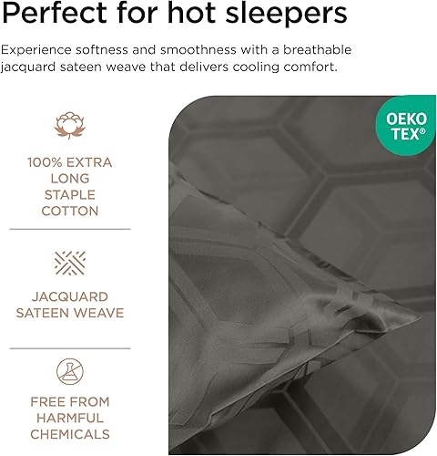 Miniatura 3 de Threadmill Sábanas de tamaño matrimonial, 100 % algodón puro de 600 hilos, 4 piezas, rayas, damasco, gris oscuro, calidad de hotel, algodón peinado