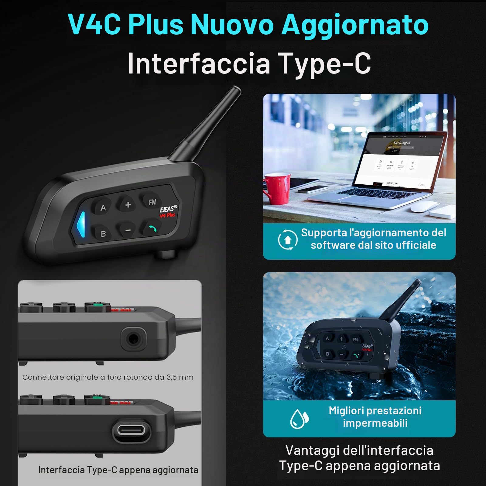 SolaMr V4C PLUS Interfono Arbitro, Bluetooth 5.1 Interphone per Orecchio Sinistro con Riduzione del Rumore CVC, Radio FM e Intercomunicazione a 4 vie per una Distanza di Fino a 1500 m - 2PACK