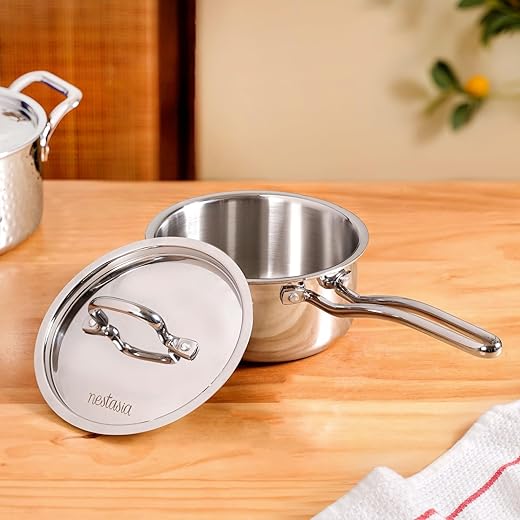 Nestasia TriPly Stainless Steel Saucepan with Lid (1500 ml), Heavy-Bottom Saucepan with Enhanced Grip Handles, Fast & Even Heating, Easy to Clean,…