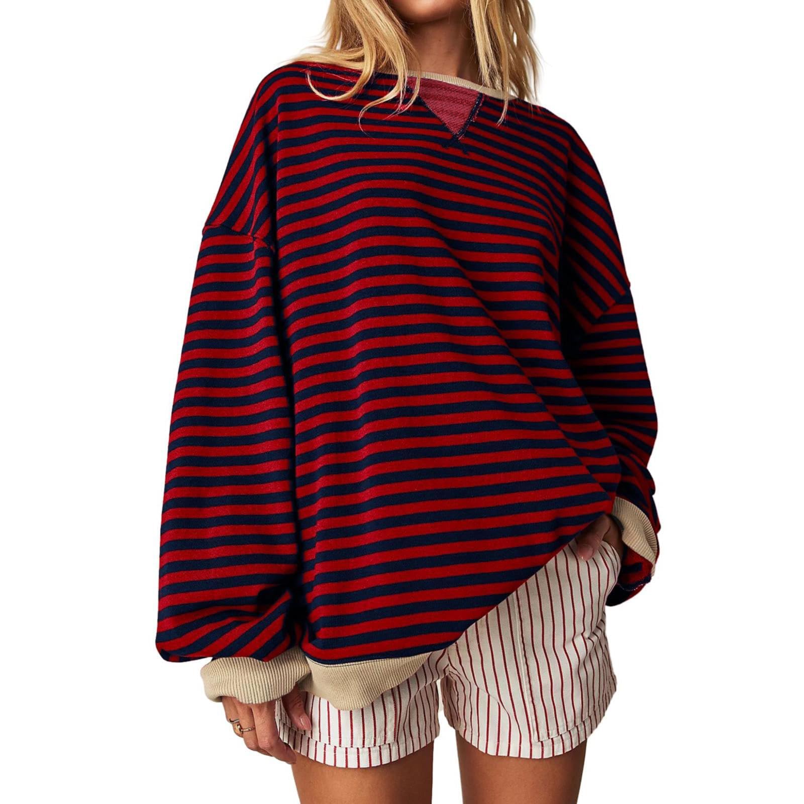 nuokeStriped Oversized Sweatshirt for Women Striped Color Block Crew Neck Long Sleeve Dupes Y2K Shirt Casual Long Sleeve Loose Pullover Tops #10