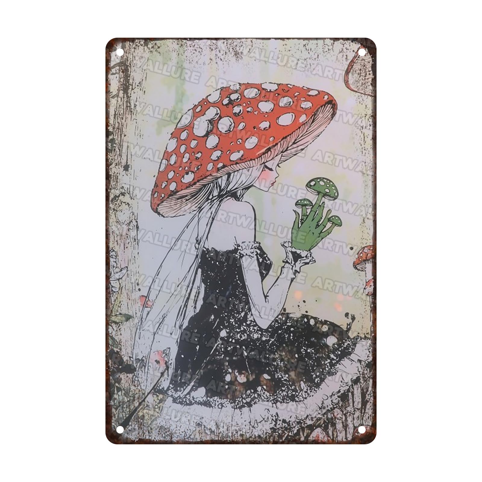 Woman Mushroom Vintage Tin Sign Metal Art Tin for Home Bedrooms Kitchen Bars Pubs Garages Gardens Patios Porches 8x12inch