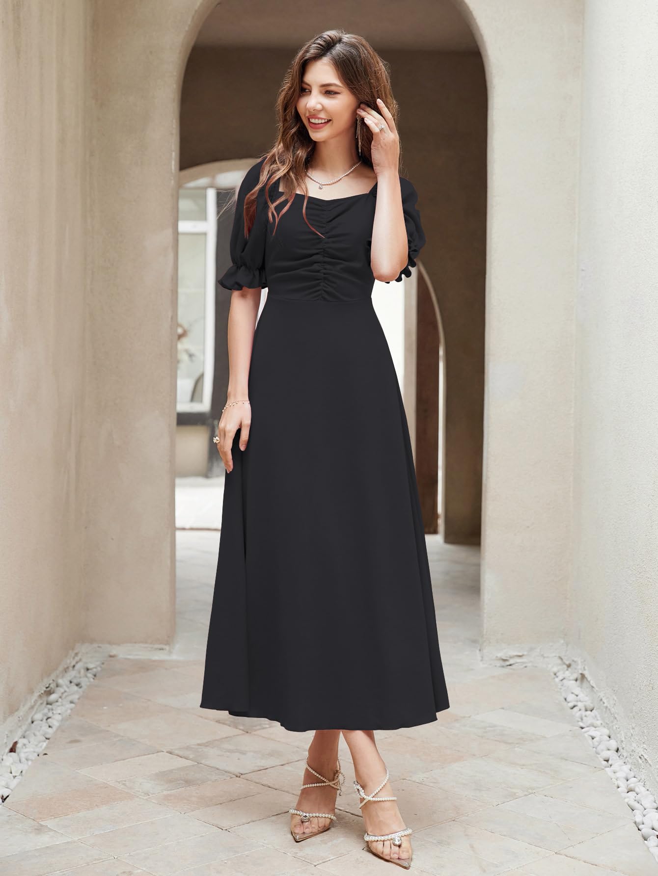Shasmi Girl's & Women's Solid Black A-Line Ruched Puff Sleeve Maxi Long Evening One Piece Long Dress for Women Stylish (Dress 131 Black-S) - Image 5 thumbnail