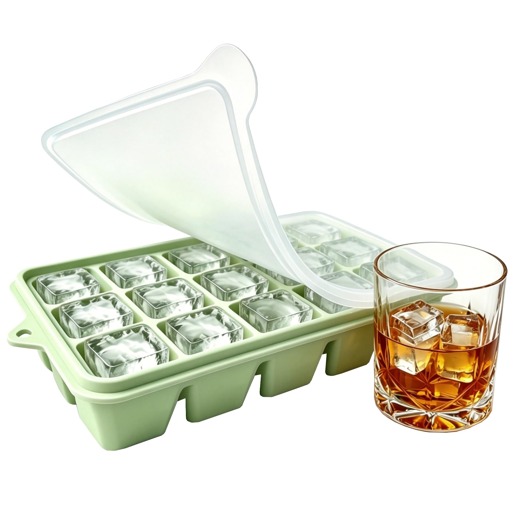 Ice Cube Trays with Lid - Flexible Easy Release Silicone Ice Cube Molds - Stackable Freezer Tray for Kitchen, Cocktail, Coffee, Whiskey 15 Cubes Green 1 Pack