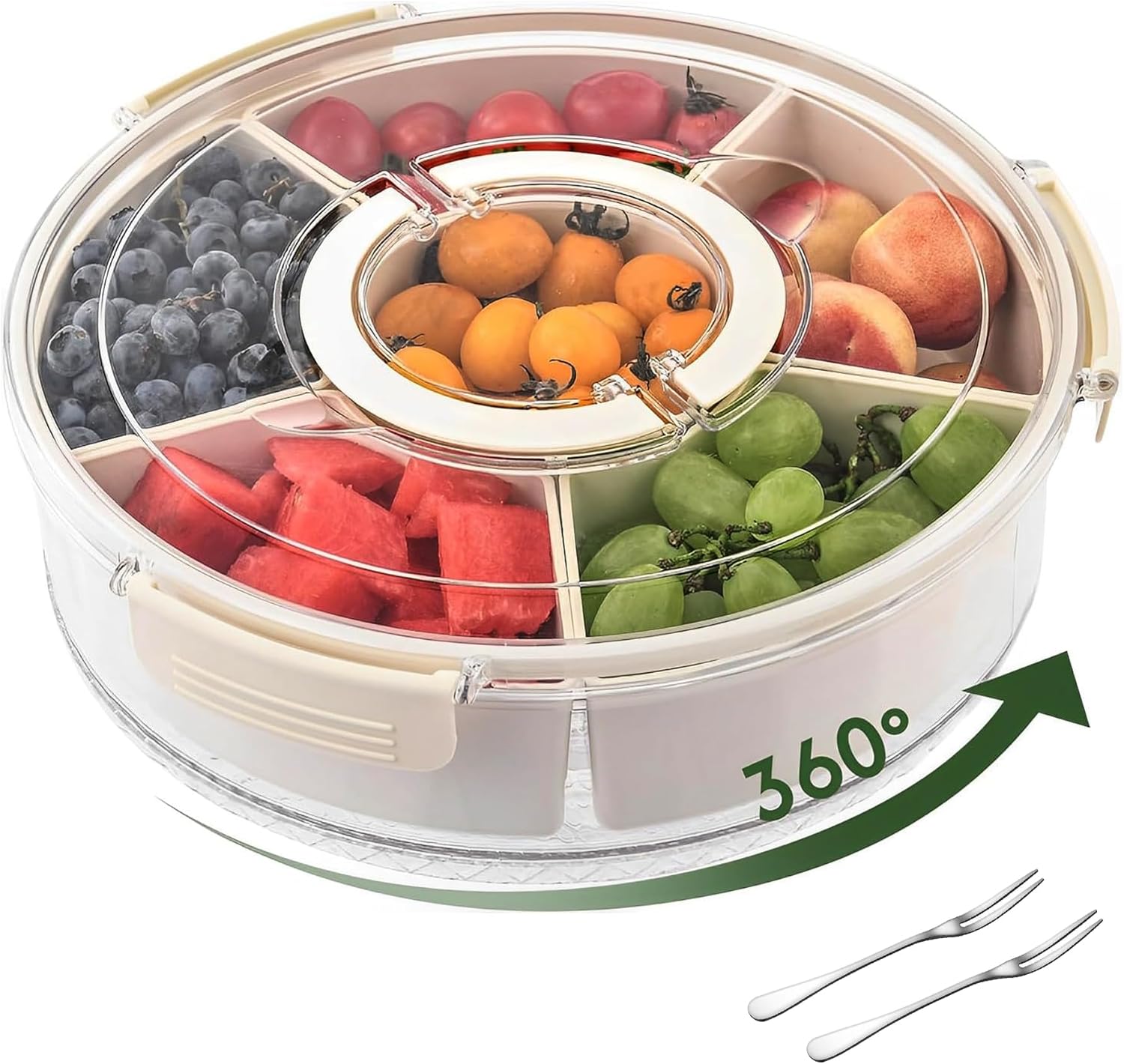 Rotating Snack Box Container for Parties, Veggie Tray with Lid, Divided Serving Box for Fruit, Large Rotating Tray with Lid for Kids and Fridge Storage (12" Snackle Box)