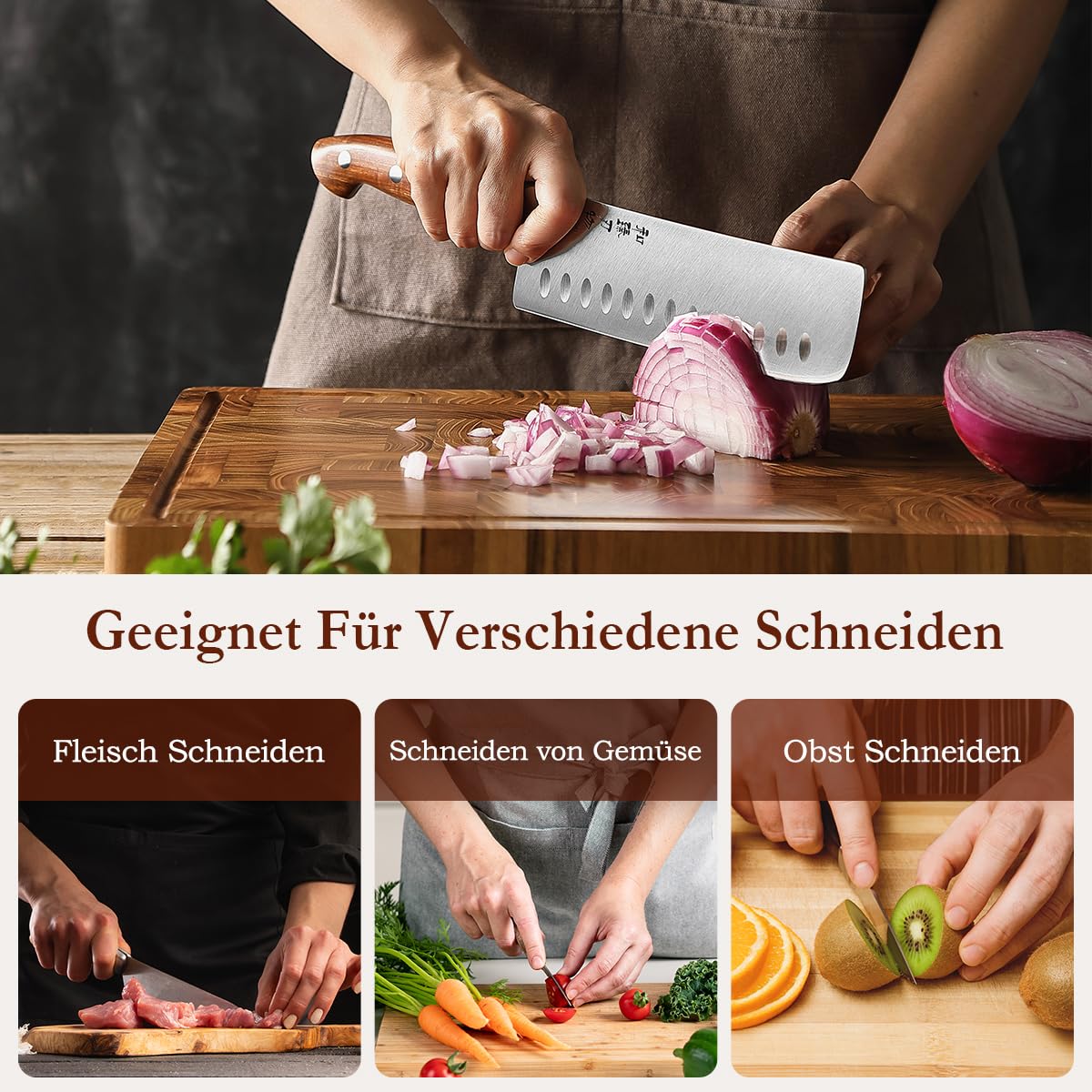 HEZHEN Rostfreier Stahl Nakiri Messer, Japanischer Stil Hackbeil Messer, Hartstahl Mehrzweckmesser Asiatisches Kochmesser Zum Schneiden von Fleisch und Gemüse，Griff aus Redwood