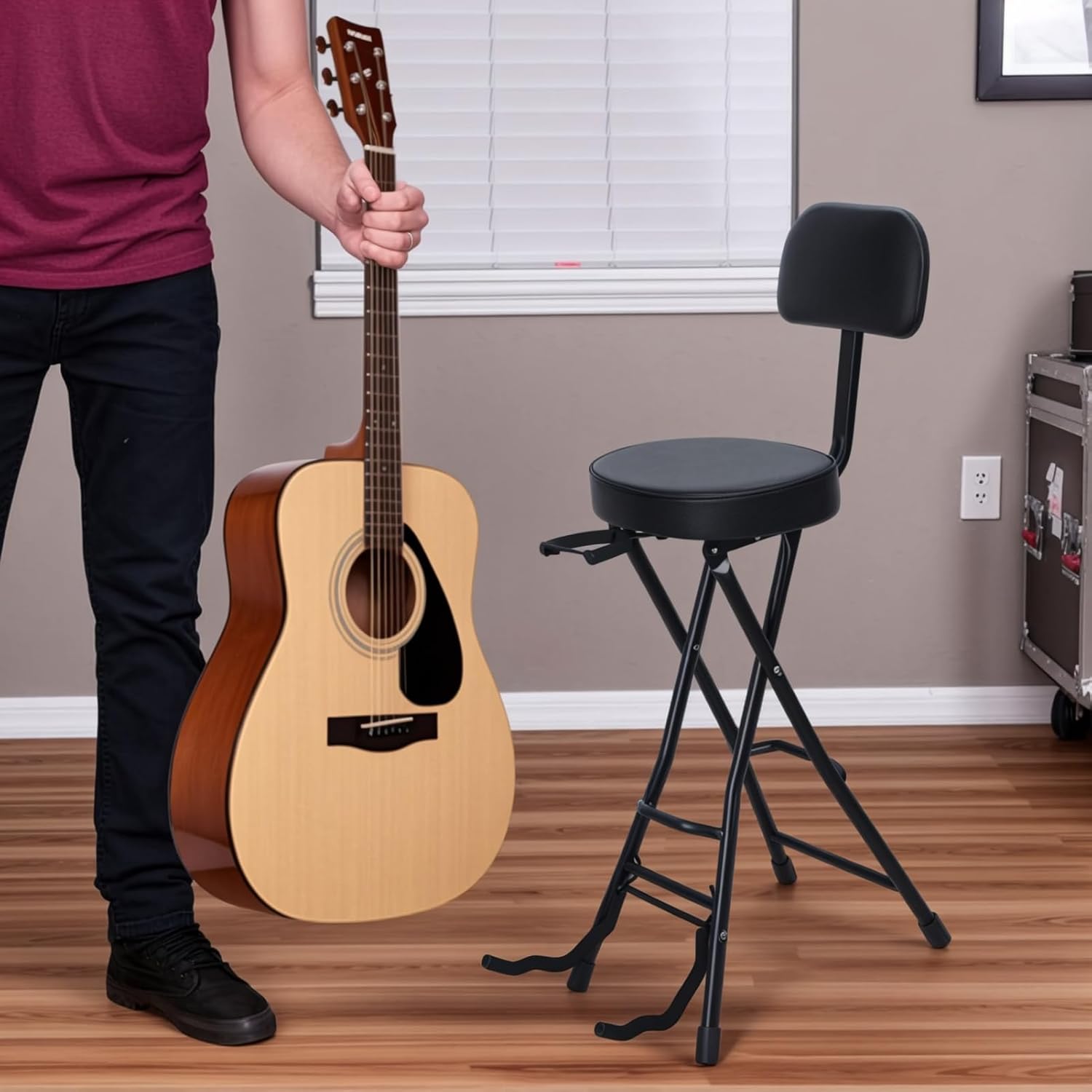 Guitar Stool with Built-in Guitar Stand Foldable Musician Stool Padded Seat Ergonomic Removable Backrest Footrest Heavy-Duty Metal Frame for Acoustic Electric Bass Guitar Players(Black-b)