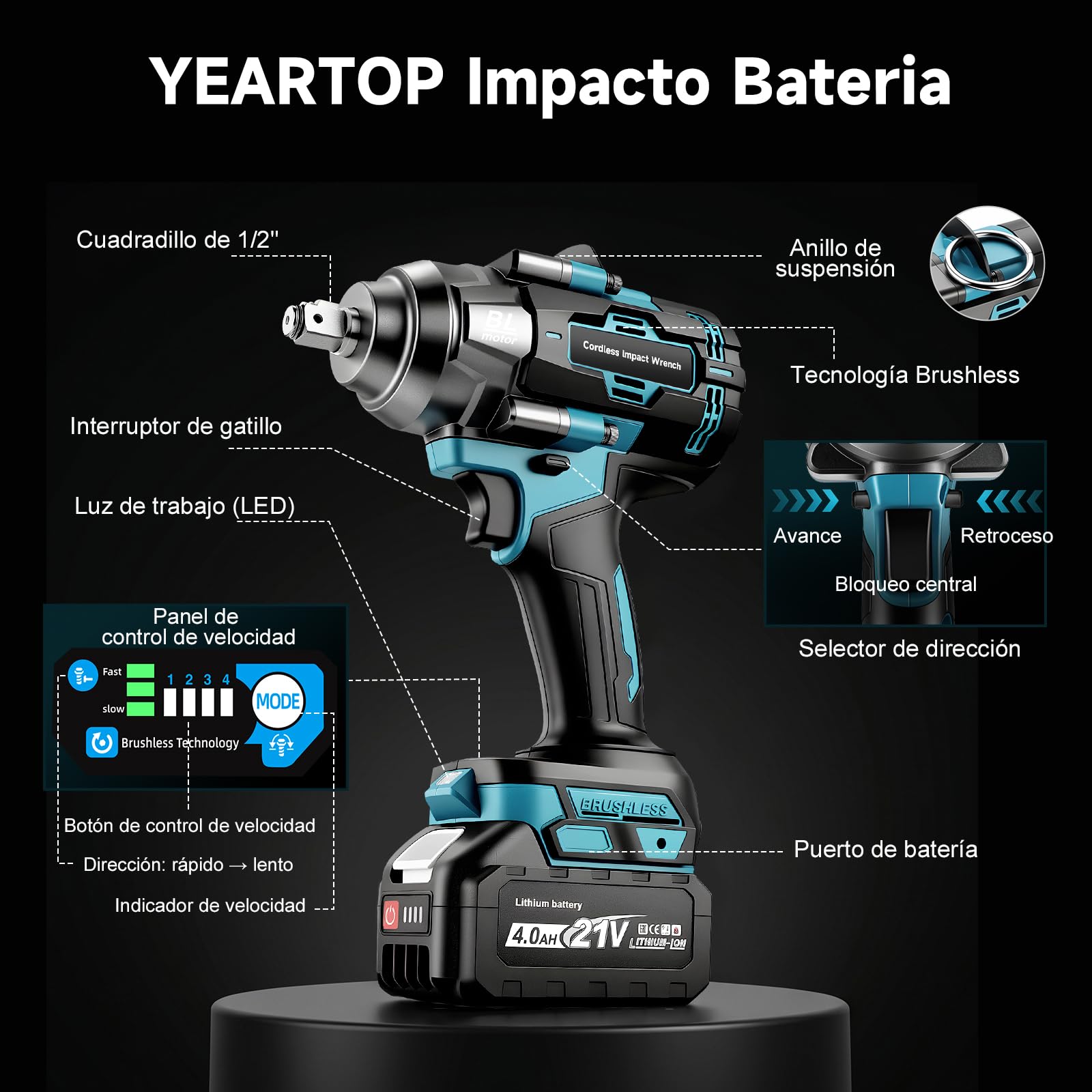 YEARTOP Pistola de Impacto a Batería Aflojado 1200 Nm con 2x 4.0Ah Baterías