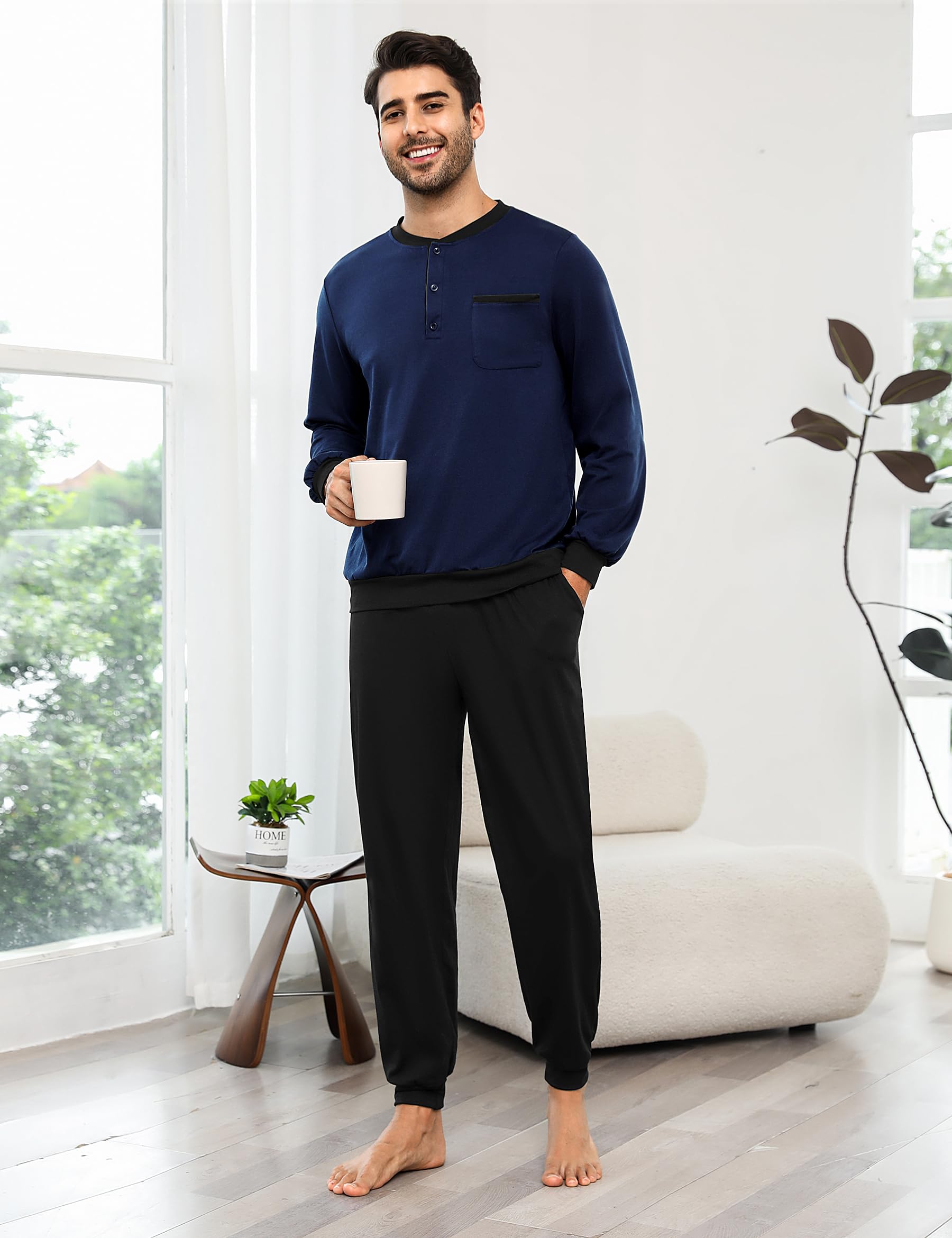 Bresdk Schlafanzug Herren Pyjama Set Lang Baumwolle mit Bündchen Knöpfen Nachtwäsche für Männer