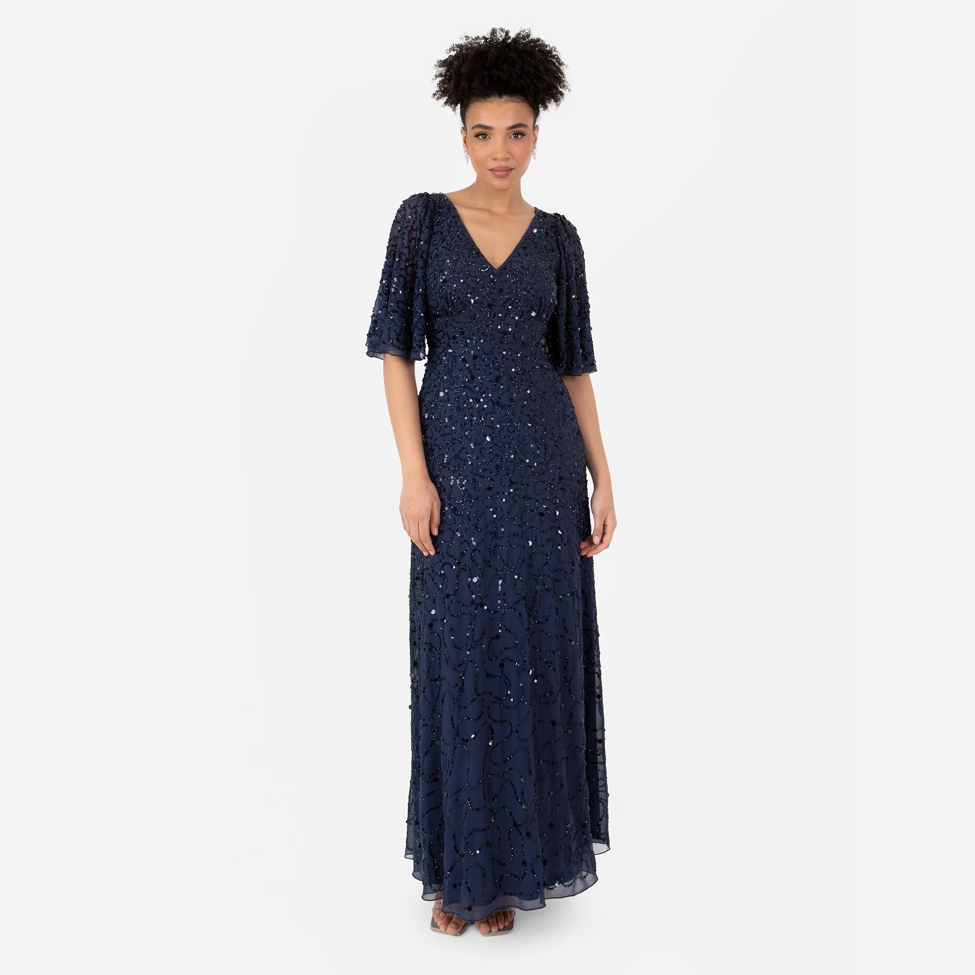 Maya Deluxe Damska sukienka maxi, dekolt w serek, krótka sukienka aniołowa, wybijana linia A Bridesmaid Wedding Guest Prom Ball Gown, granatowa, 44, granatowy, 44
