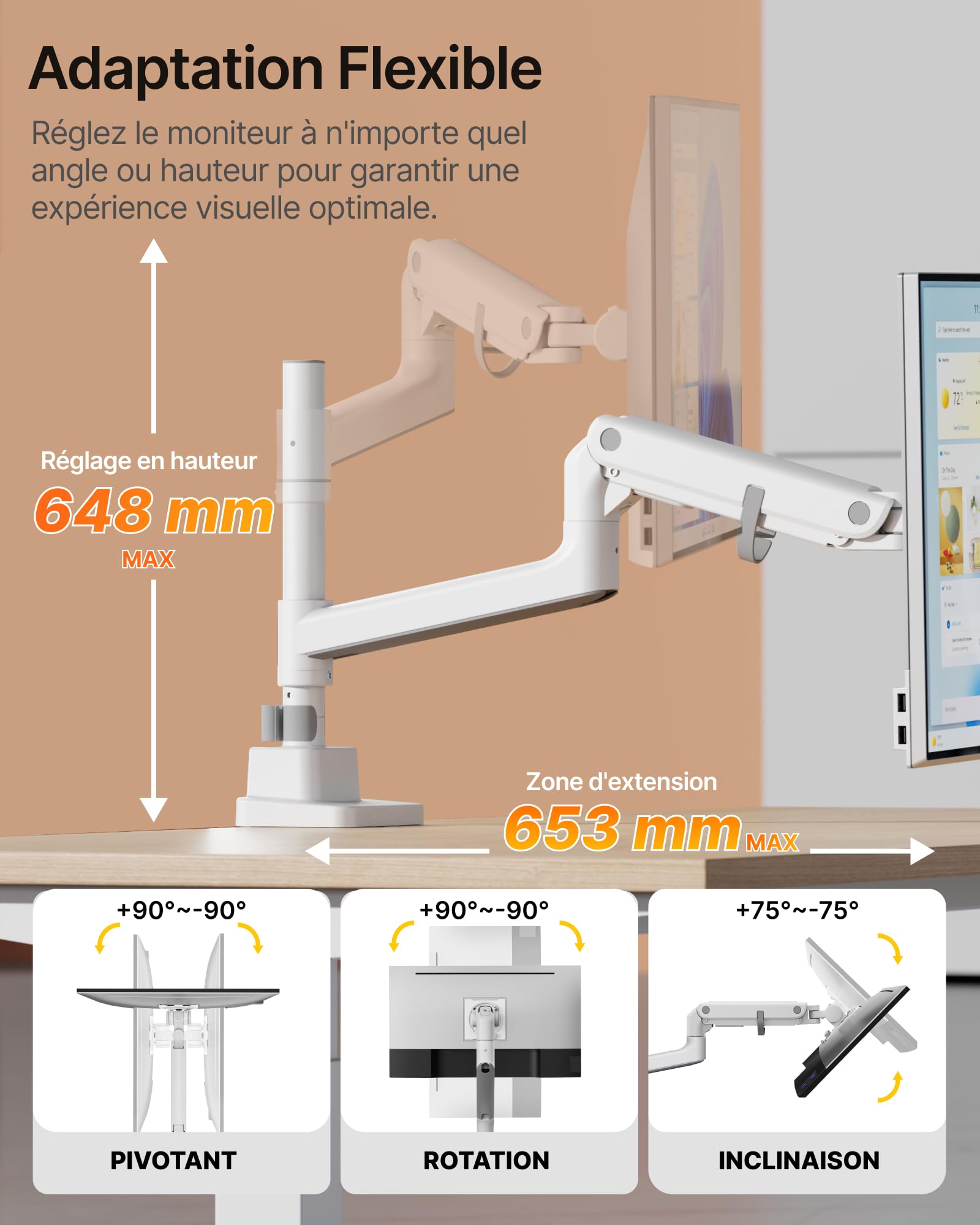 monTEK Bras Ecran PC17 à 57", avec Colonne, VESA75/100, Charge Max 27Kg