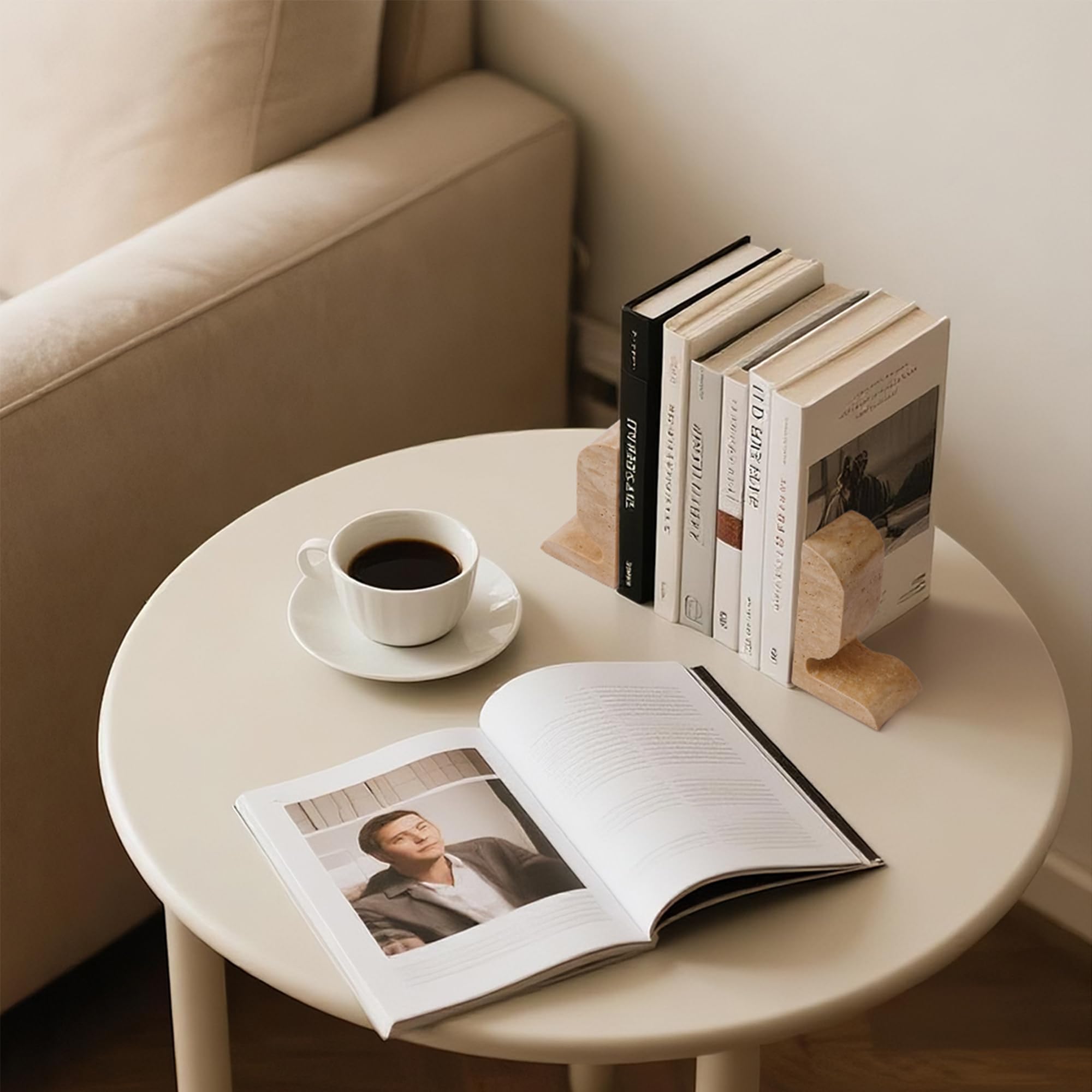 Travertin-Buchstützen dekorativ, Marmor dekorative Buchstützen für Regale, robuste Stein-Buchstützen für gebundene Buch- und Kochbücher, einzigartiger Buchstopper & Halter, 2 Stück, Beige (WH090