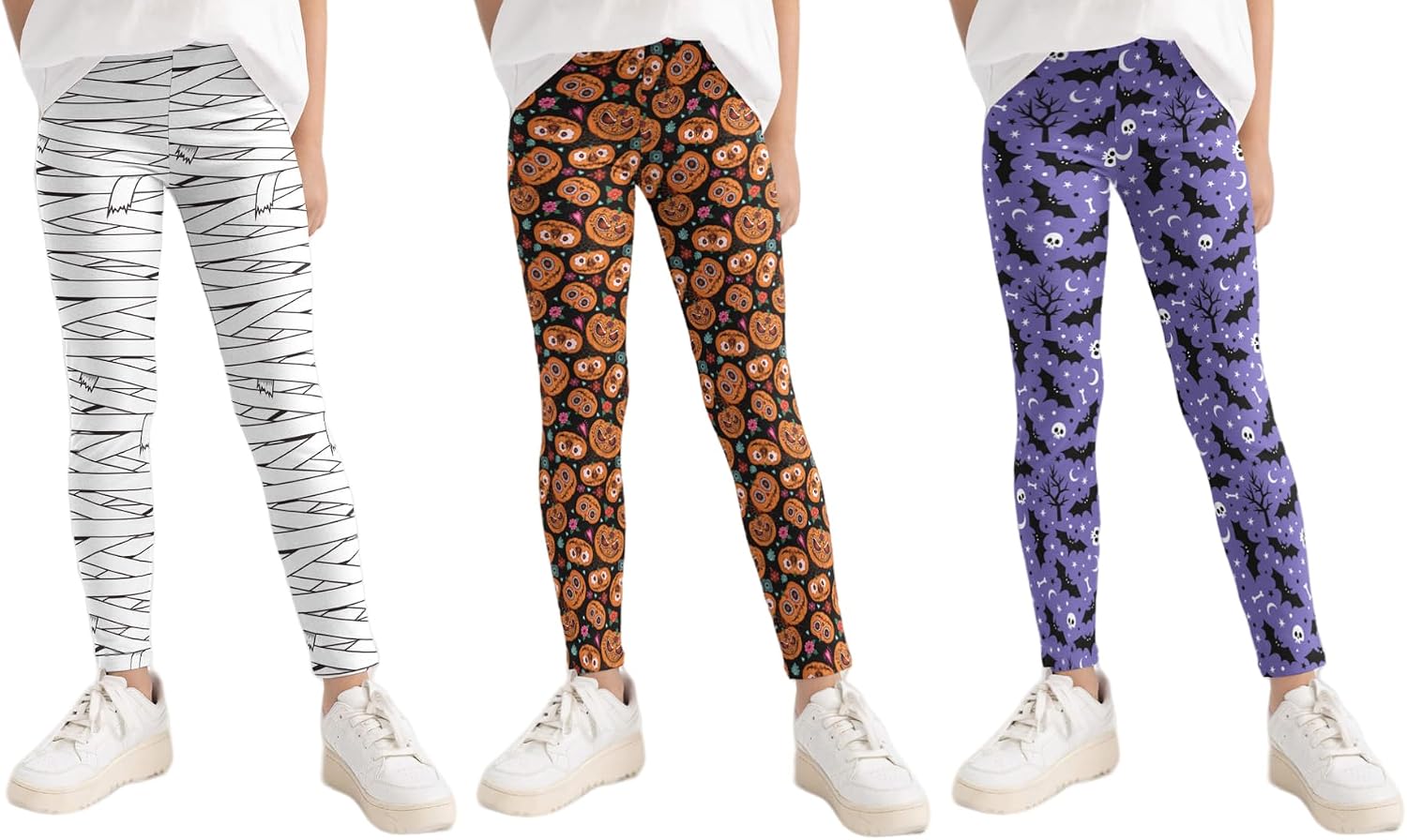 Pack of 3 Little Girls Printed Leggings for Halloween Christmas Athletic Long Pants Lightweight Activewear