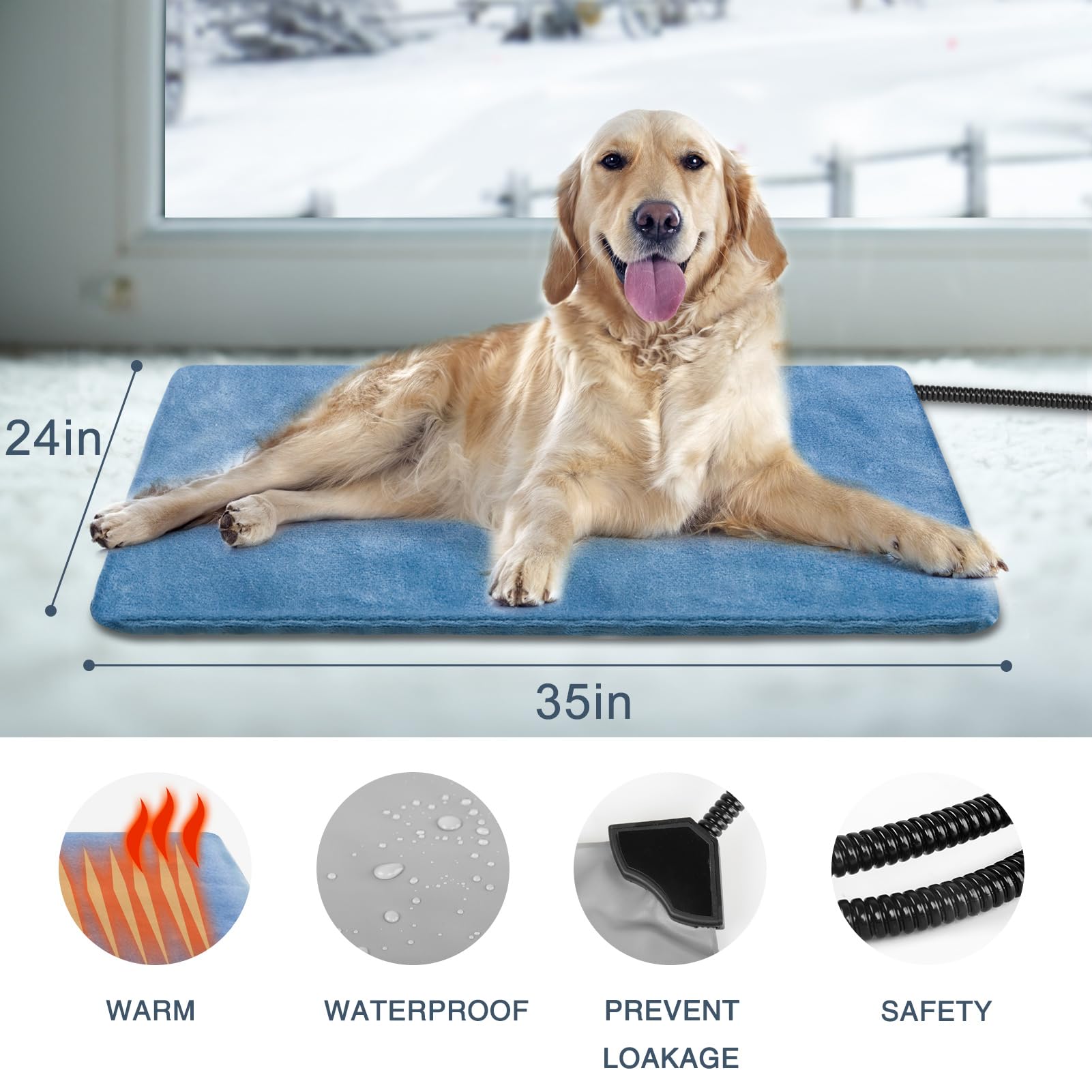 Wärmekissen für Hunde, 88,9 x 61 cm, einstellbare Temperatur für Hunde und Katzen, wasserdicht, Timer und bissfestes Kabel
