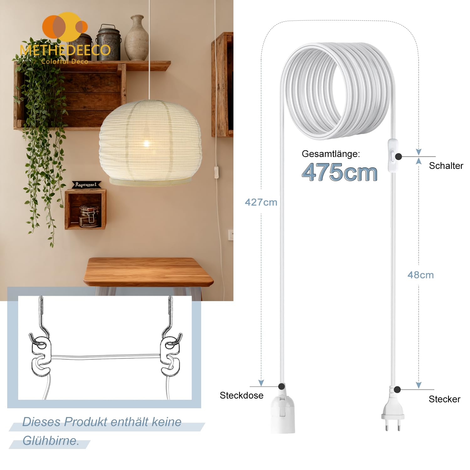 METHDEECO Hängelampe 45 x 35 cm aus Stoff und Bambus mit Stecker | Handgefertigt, Boho/Japandi Stil, Mit Schalter, Für Schlafzimmer, Wohnzimmer, Essbereich, Ohne Leuchtmittel