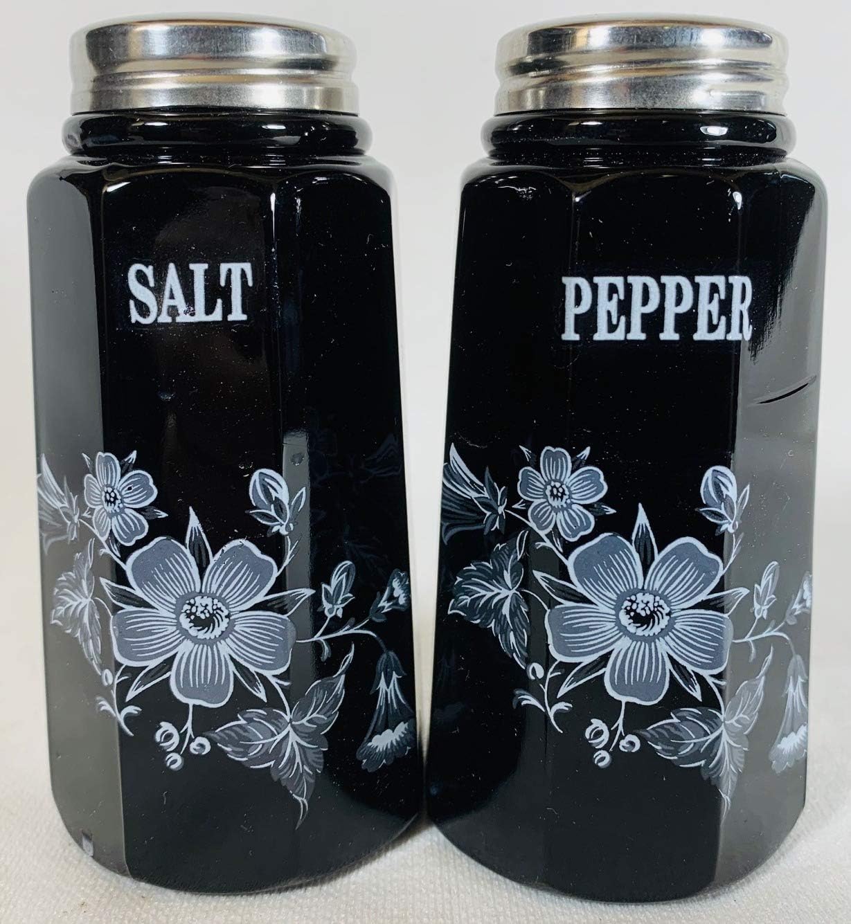 Salt & Pepper Shaker Set - Paneled Pattern - Decorated - American Made - Mosser Glass USA (Black w/White Floral)